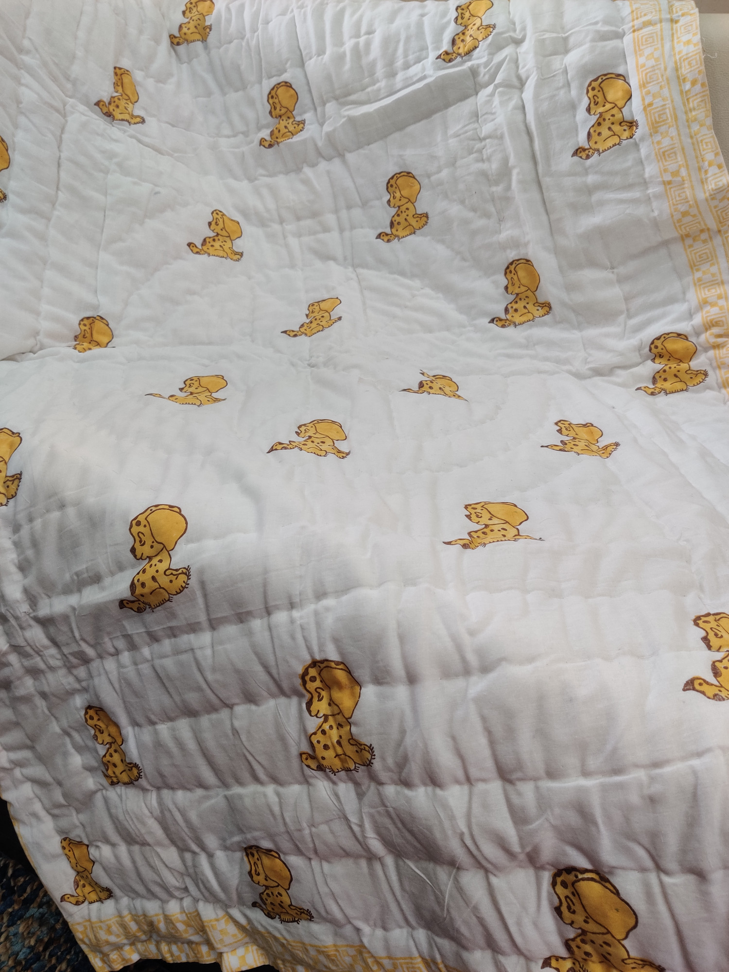 Hand Block Print Baby Quilt - Yellow Pup Baby Jaipuri Cotton Razai