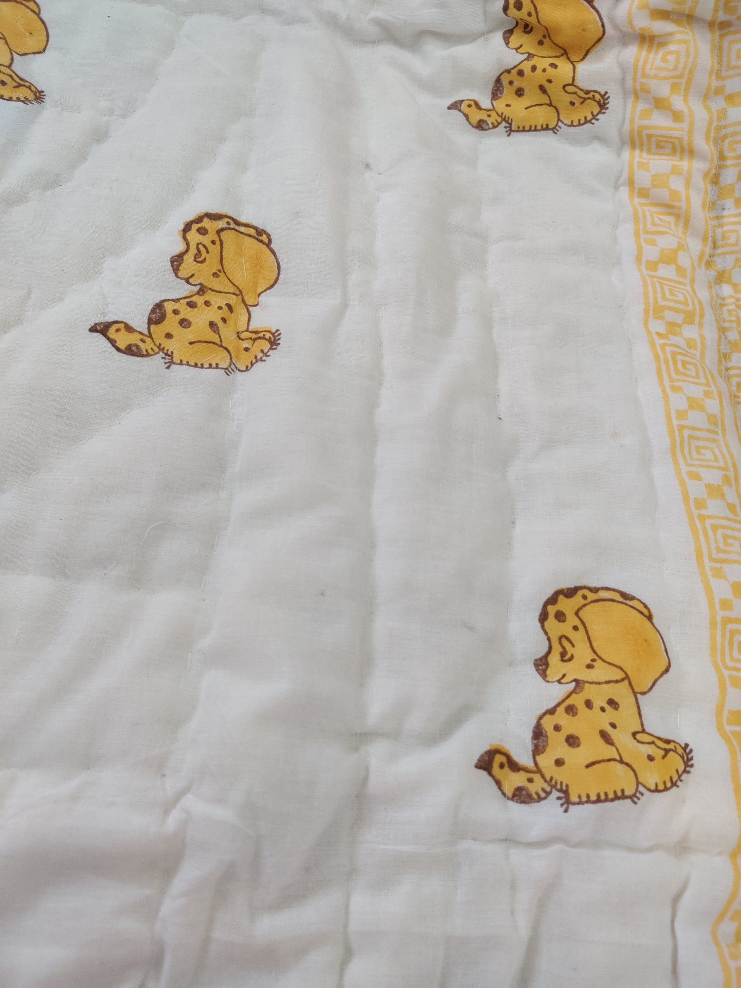 Hand Block Print Baby Quilt - Yellow Pup Baby Jaipuri Cotton Razai