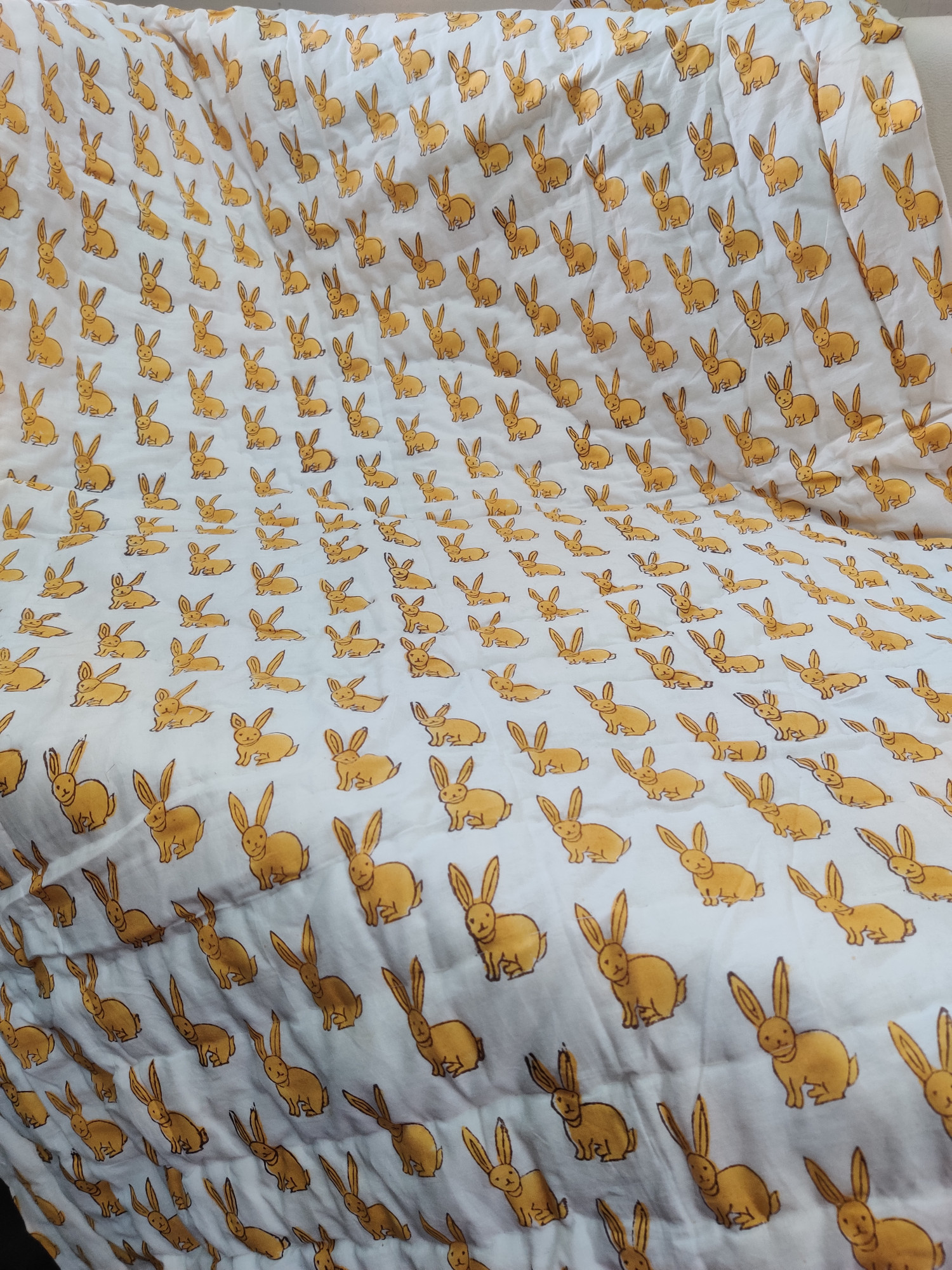 Hand Block Print Baby Quilt - Yellow Pup Baby Jaipuri Cotton Razai