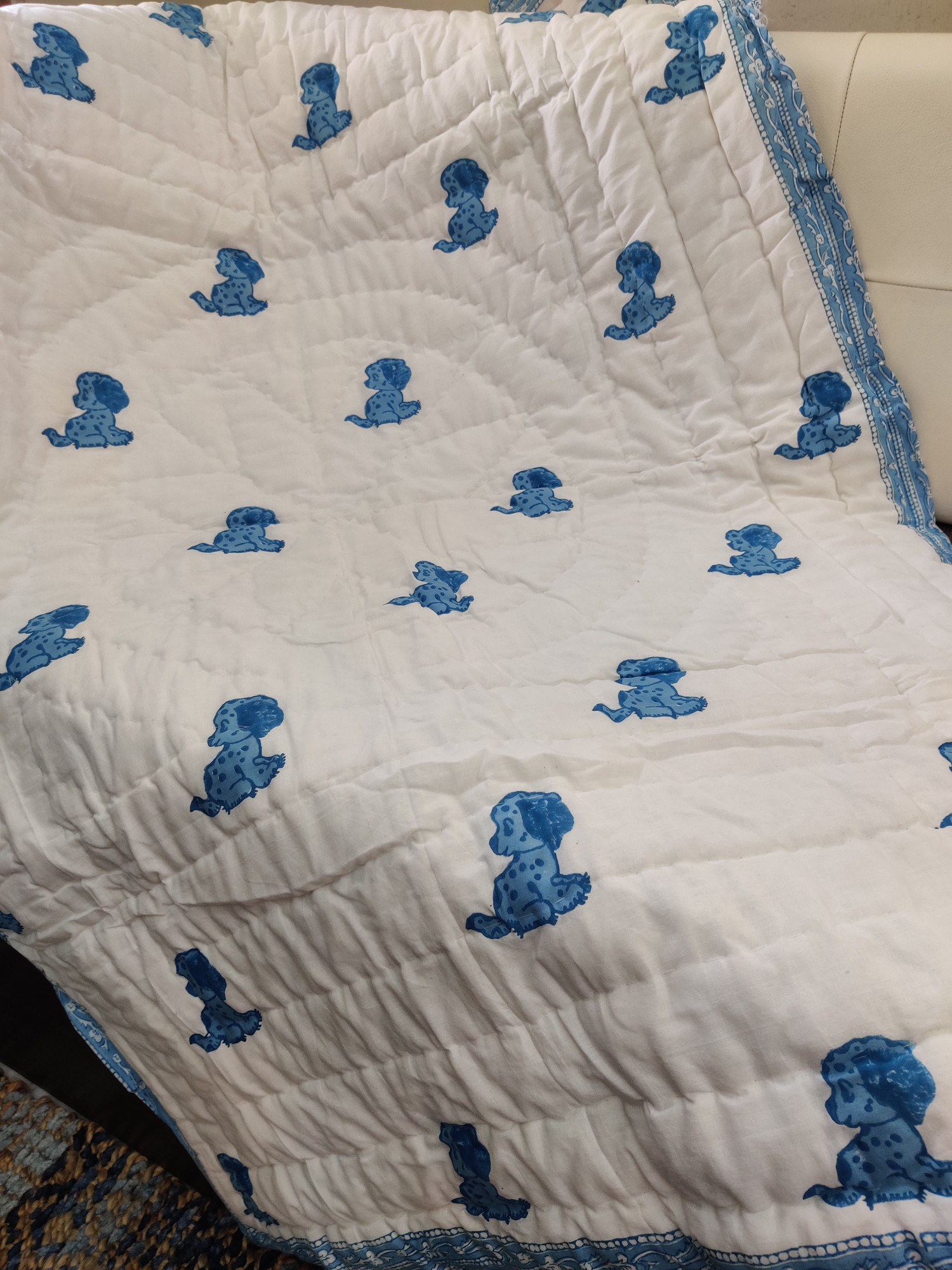 Hand Block Print Baby Quilt - Blue Pup Baby Jaipuri Cotton Razai