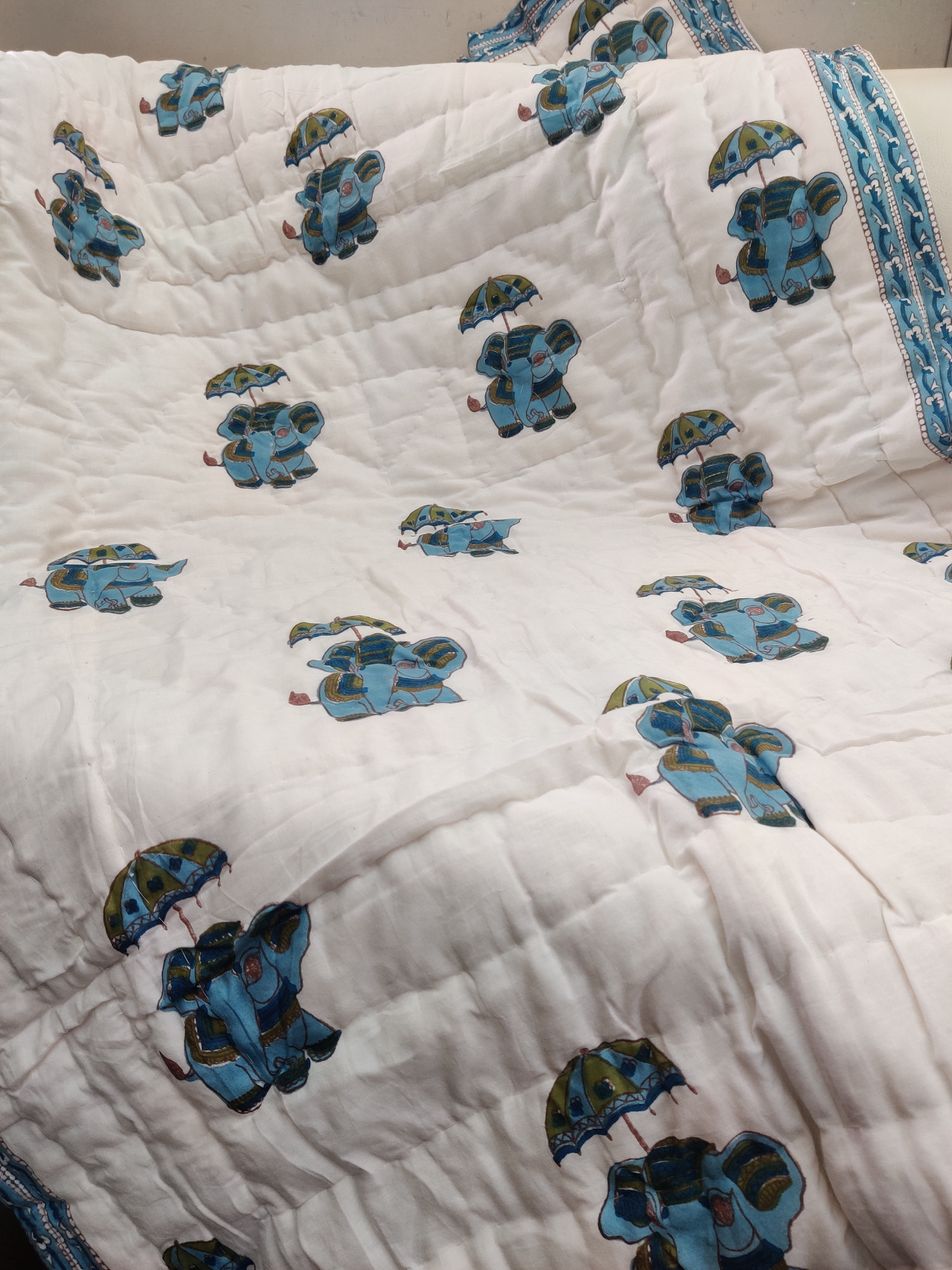 Hand Block Print Baby Quilt - Chatri Haathi Baby Jaipuri Cotton Razai