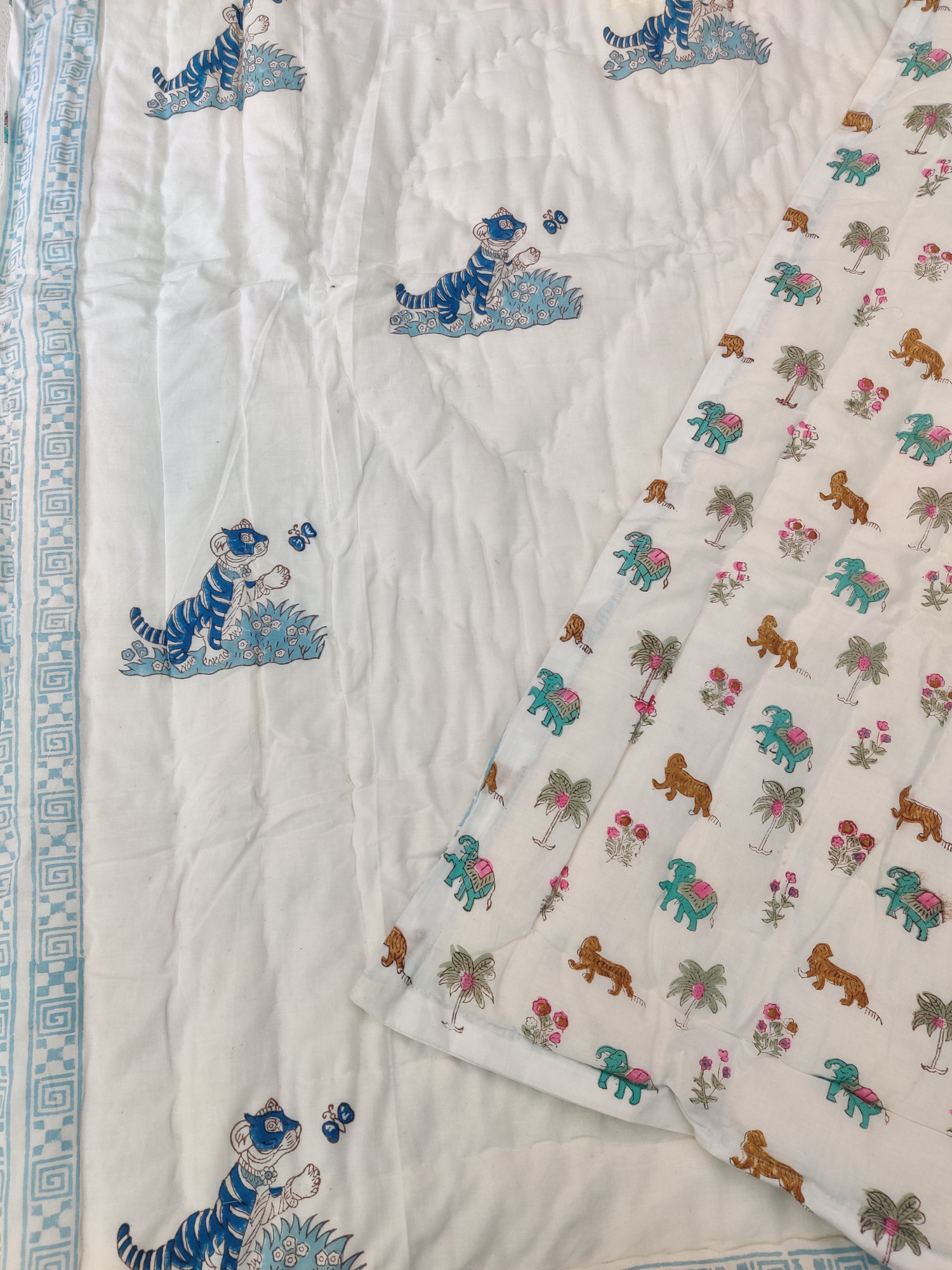 Hand Block Print Baby Quilt - Blue Tiger Baby Jaipuri Cotton Razai