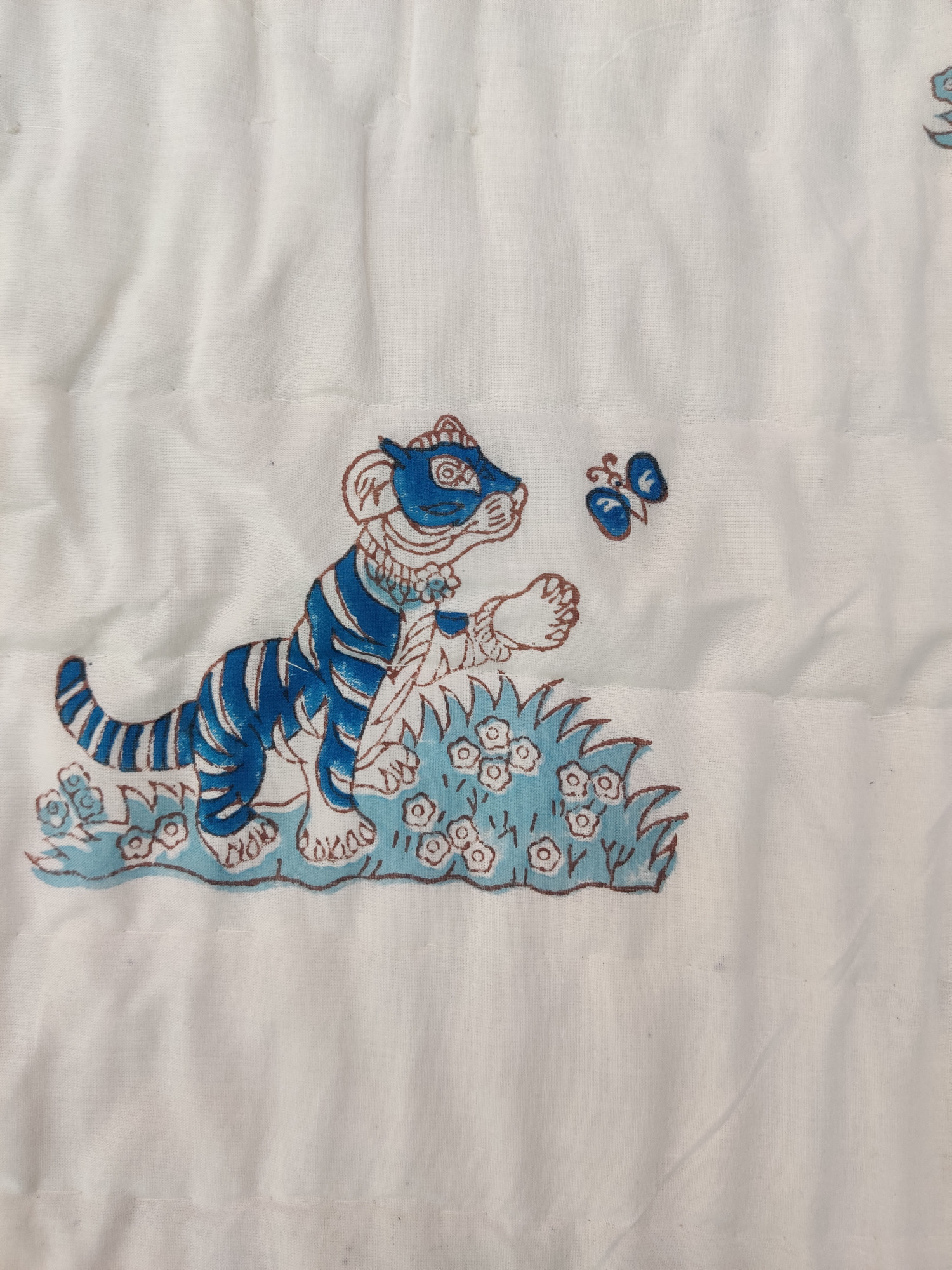 Hand Block Print Baby Quilt - Blue Tiger Baby Jaipuri Cotton Razai