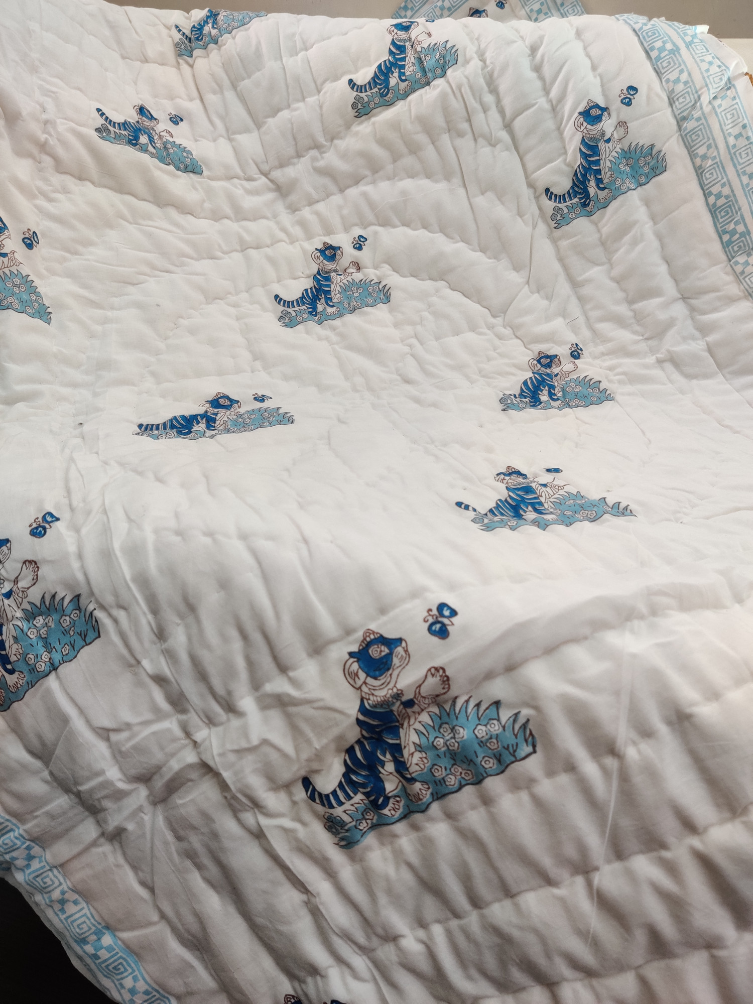 Hand Block Print Baby Quilt - Blue Tiger Baby Jaipuri Cotton Razai