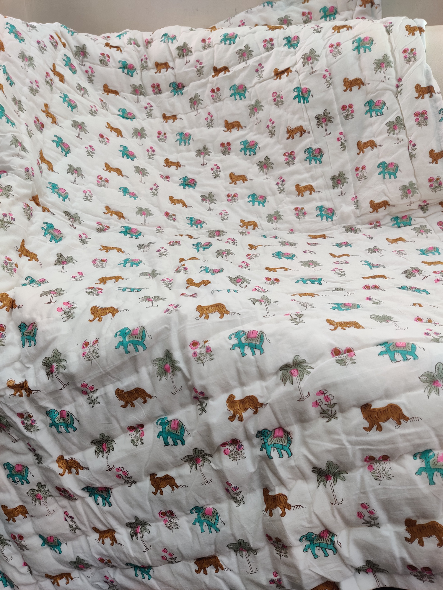 Hand Block Print Baby Quilt - Blue Tiger Baby Jaipuri Cotton Razai