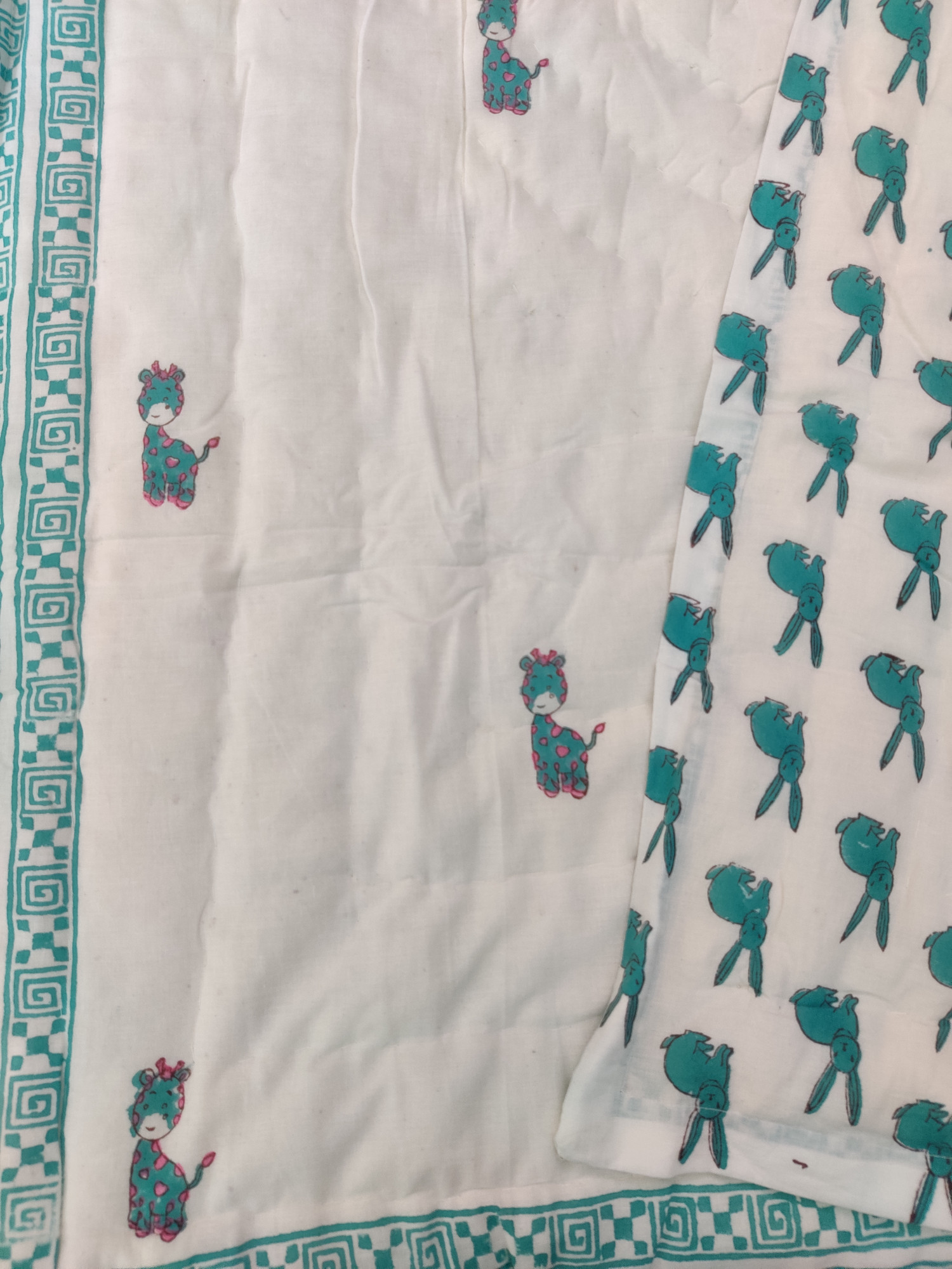 Hand Block Print Baby Quilt - Green Giraffe Baby Jaipuri Cotton Razai