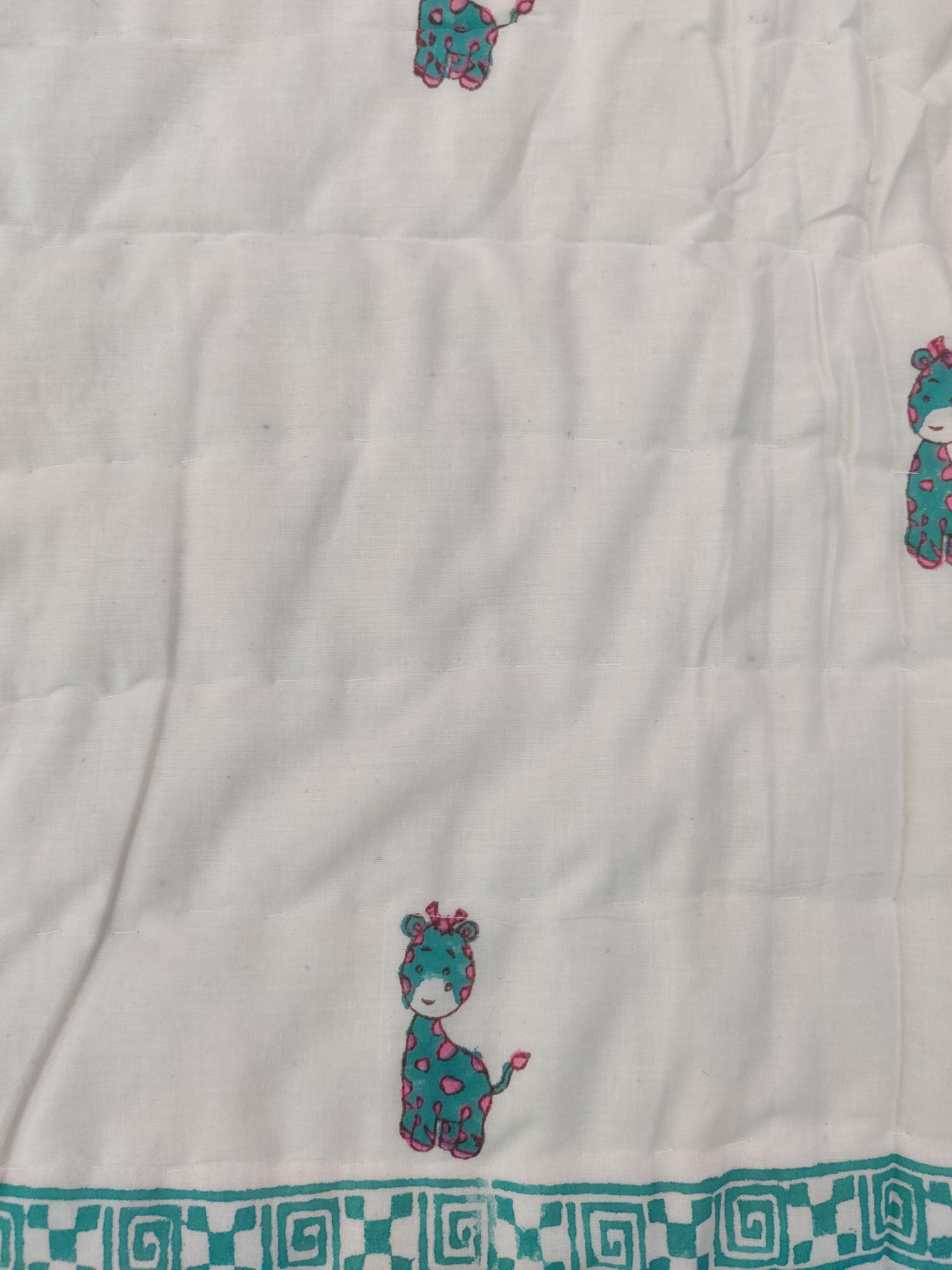 Hand Block Print Baby Quilt - Green Giraffe Baby Jaipuri Cotton Razai