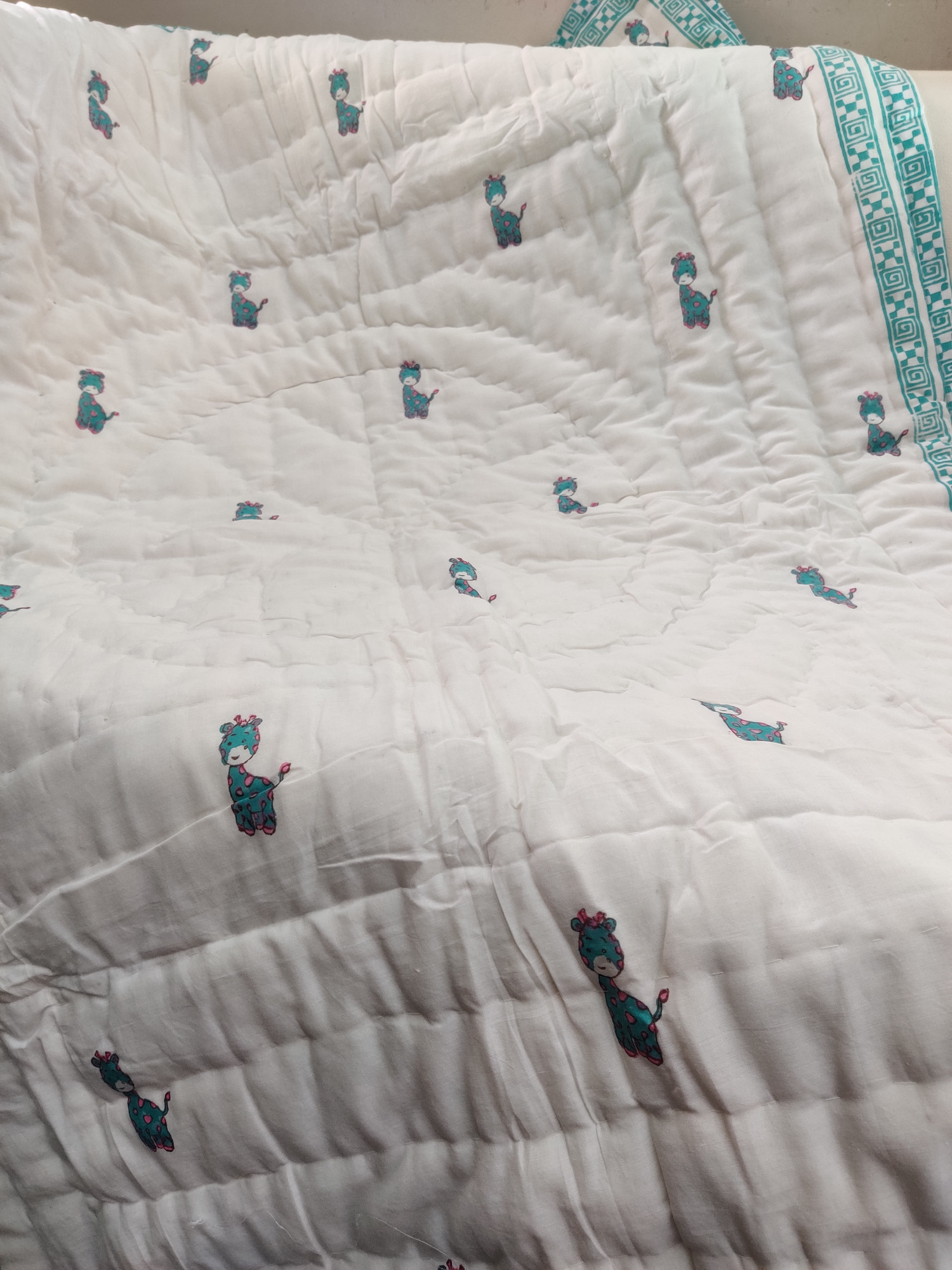 Hand Block Print Baby Quilt - Green Giraffe Baby Jaipuri Cotton Razai