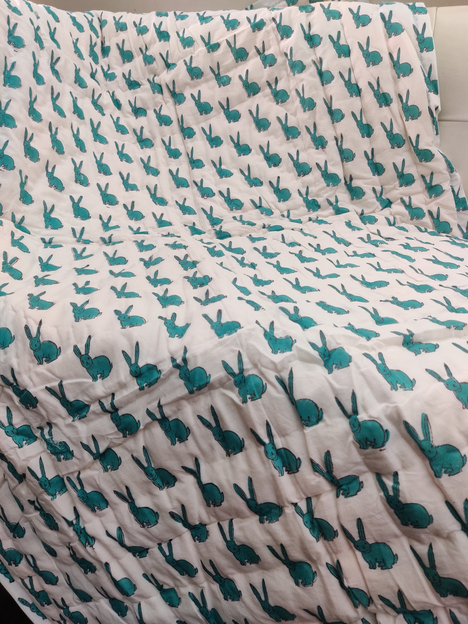 Hand Block Print Baby Quilt - Green Giraffe Baby Jaipuri Cotton Razai