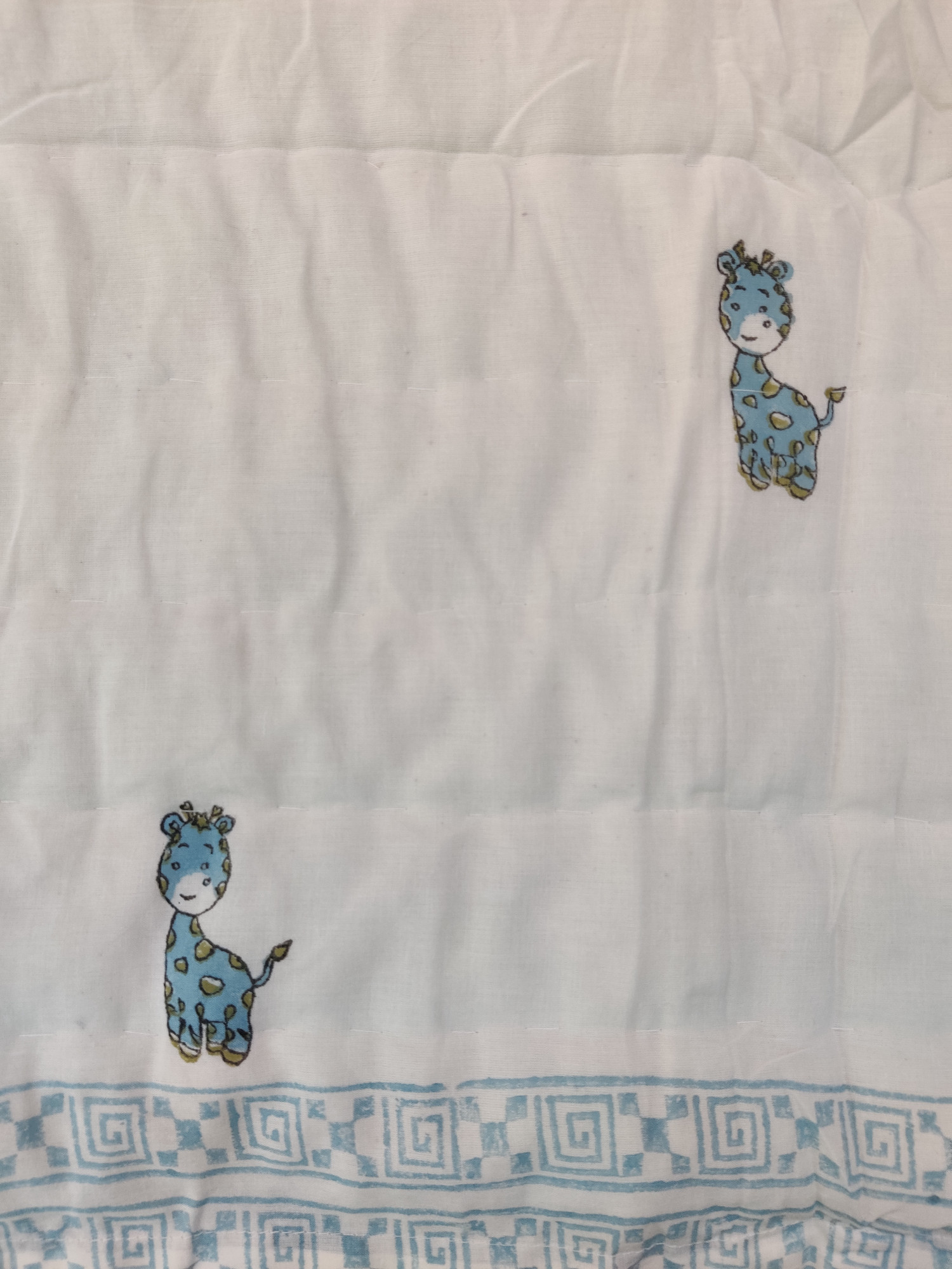 Hand Block Print Baby Quilt - Blue Giraffe Baby Jaipuri Cotton Razai