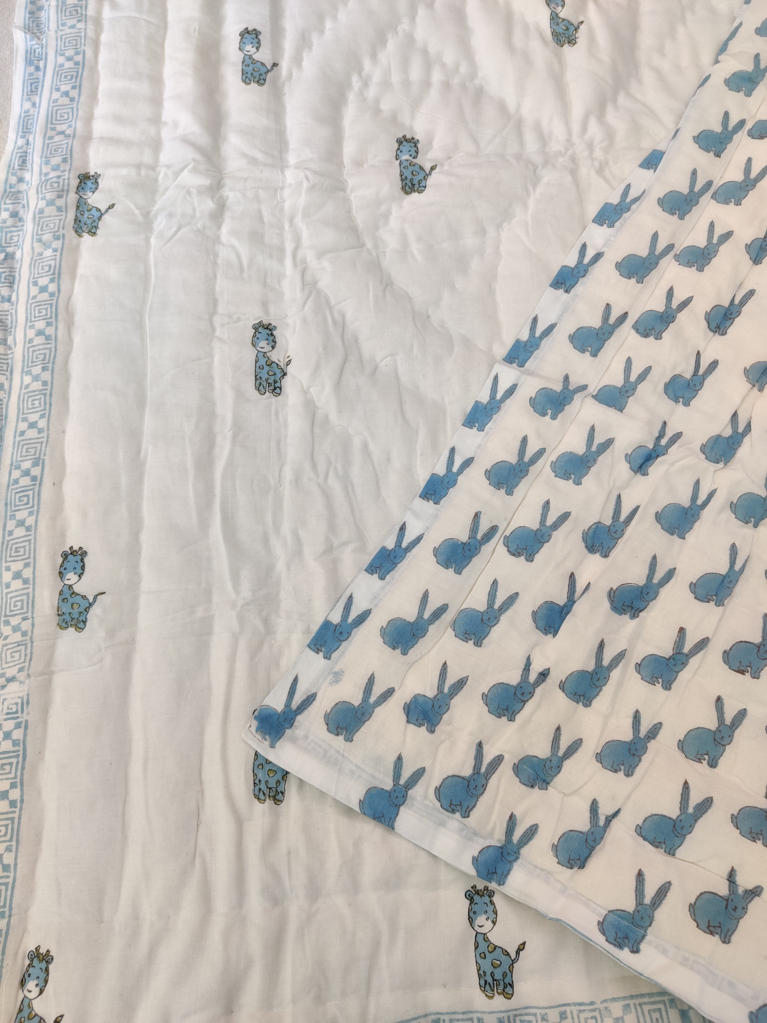 Hand Block Print Baby Quilt - Blue Giraffe Baby Jaipuri Cotton Razai