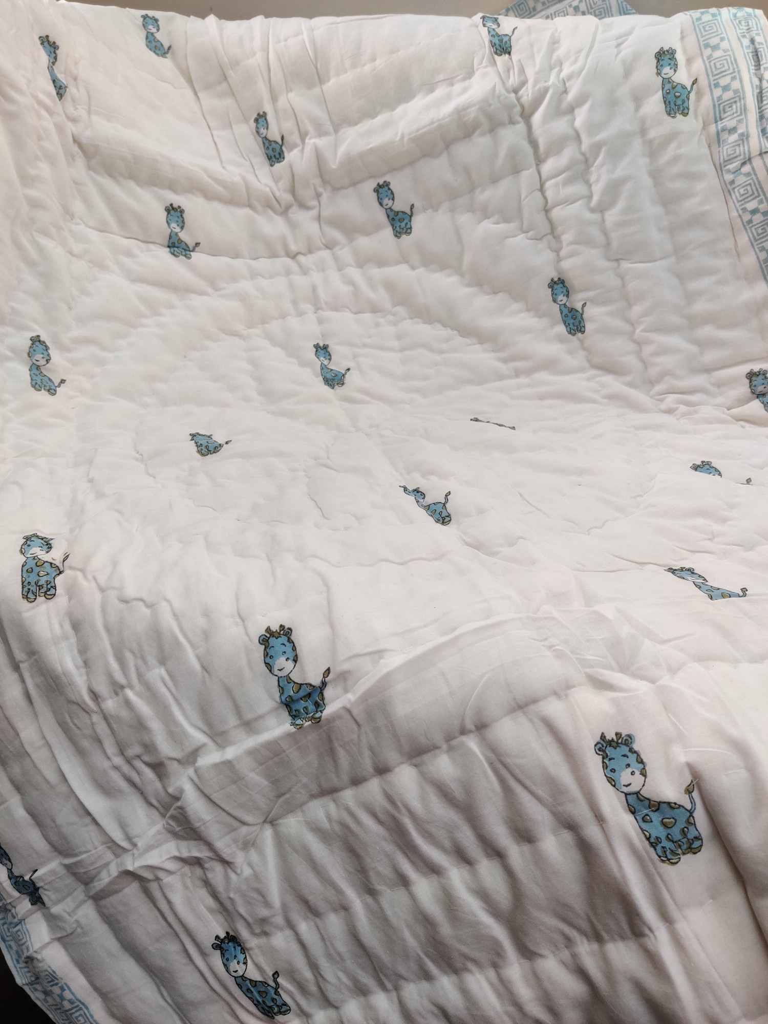 Hand Block Print Baby Quilt - Blue Giraffe Baby Jaipuri Cotton Razai