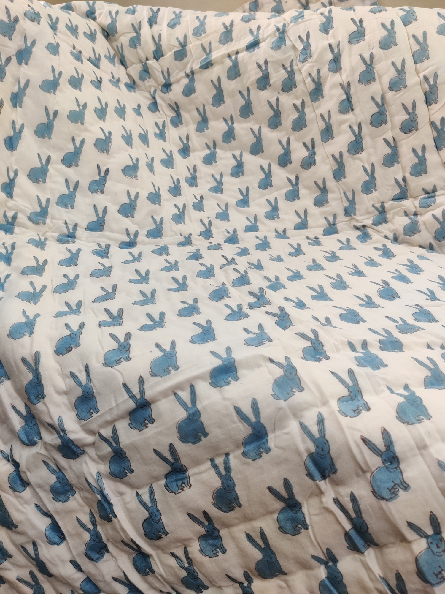 Hand Block Print Baby Quilt - Blue Giraffe Baby Jaipuri Cotton Razai