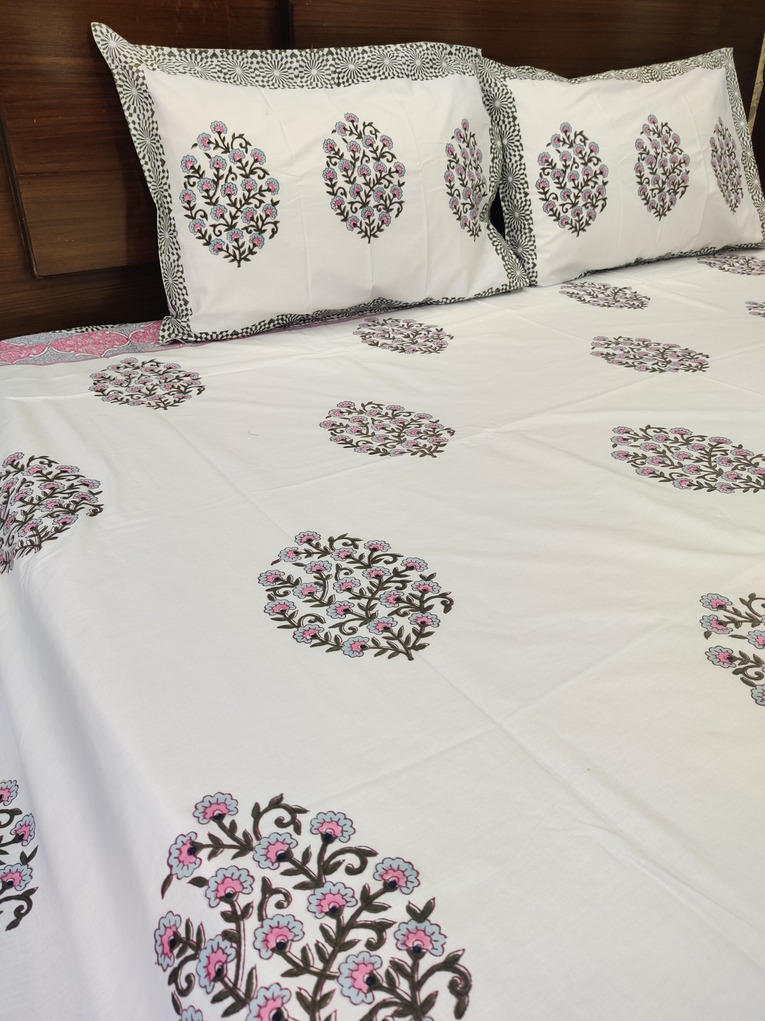 Jaipuri Block Print Bedsheet - Grey Pink Boota Hand Block Print Cotton King Size