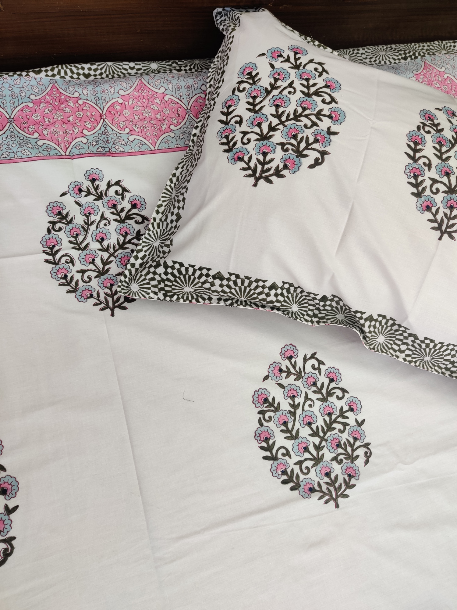Jaipuri Block Print Bedsheet - Grey Pink Boota Hand Block Print Cotton King Size
