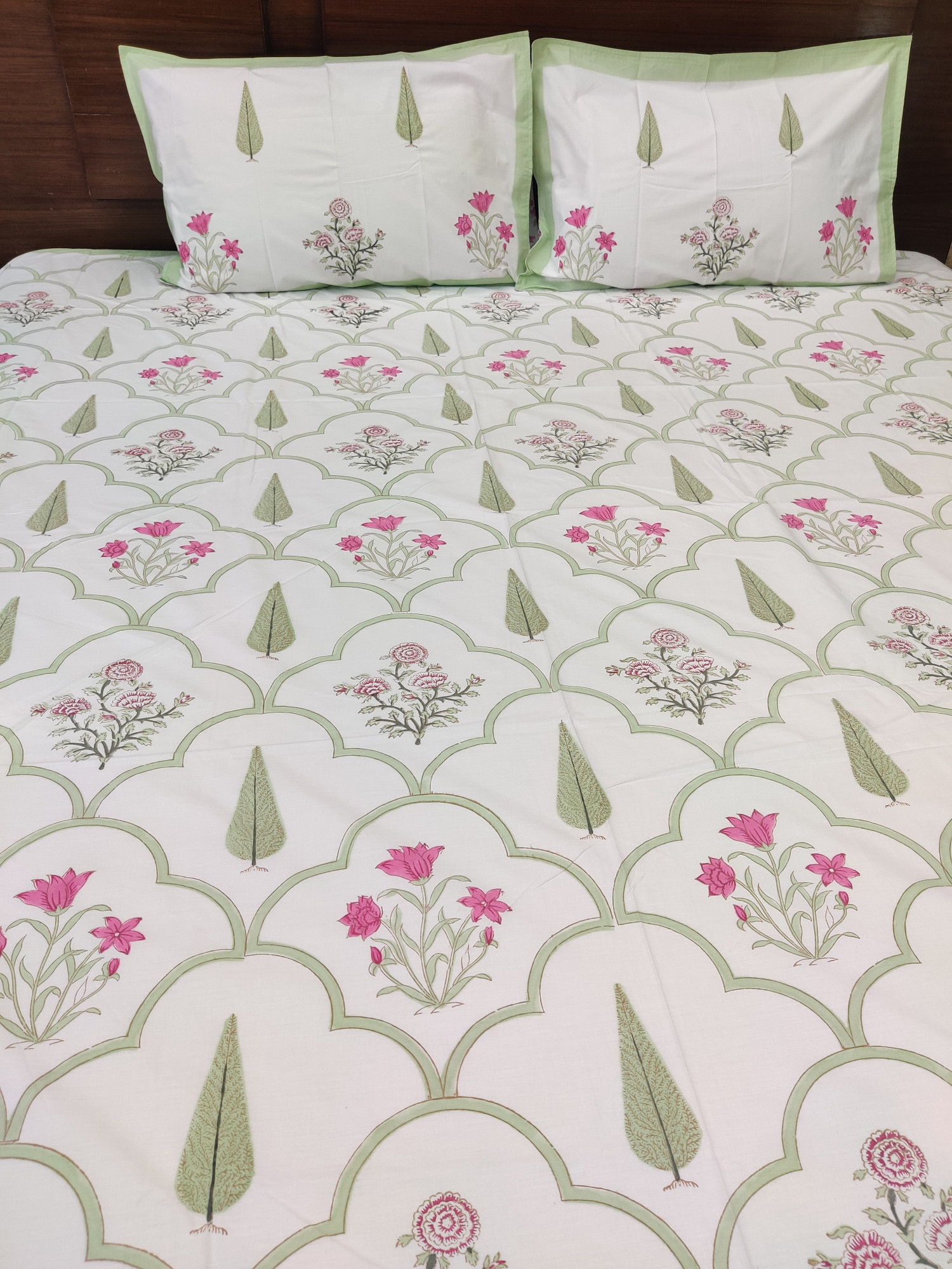 Jaipuri Block Print Bedsheet - Green Jaal Fern Hand Block Print Cotton King Size