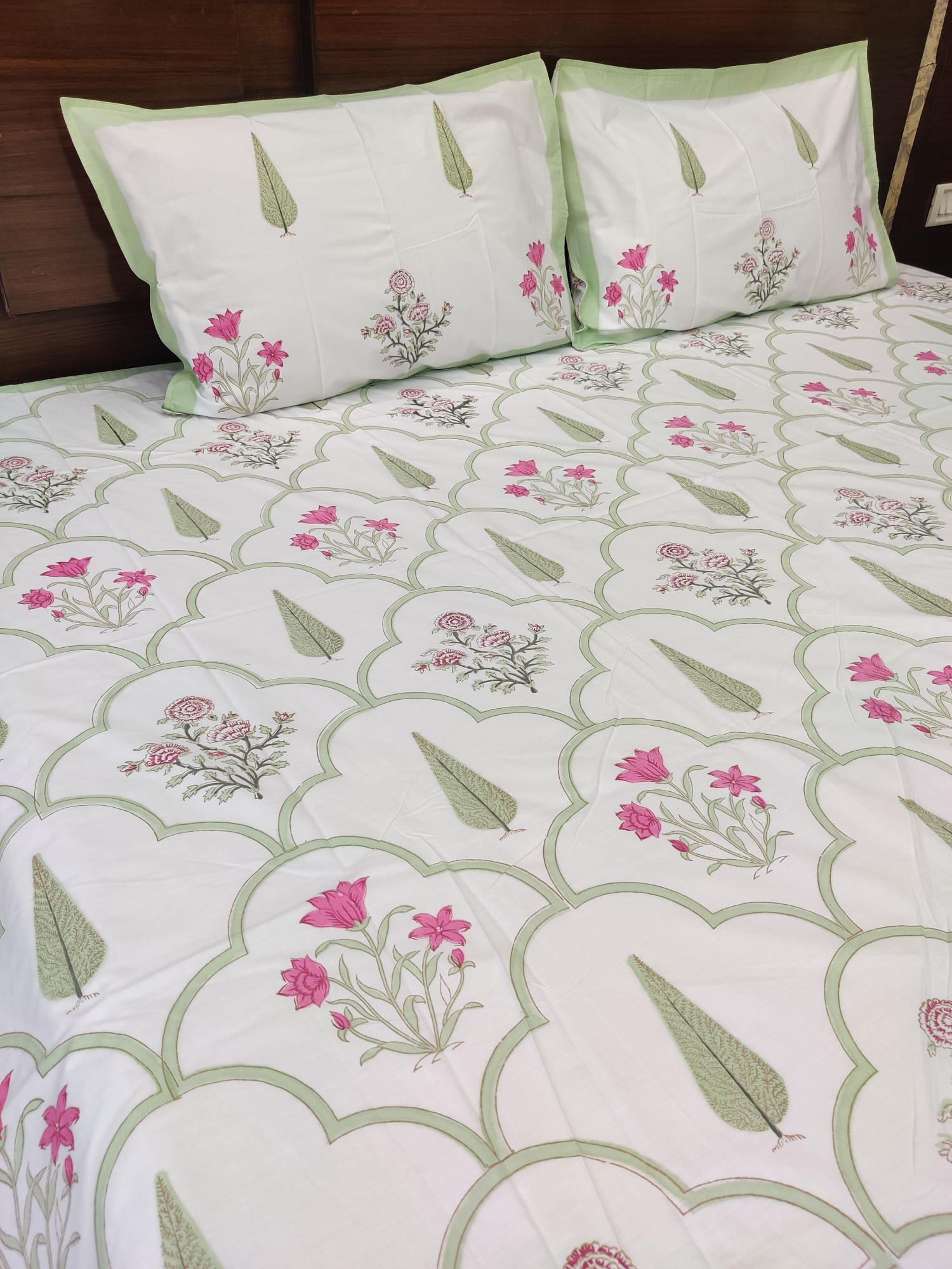 Jaipuri Block Print Bedsheet - Green Jaal Fern Hand Block Print Cotton King Size