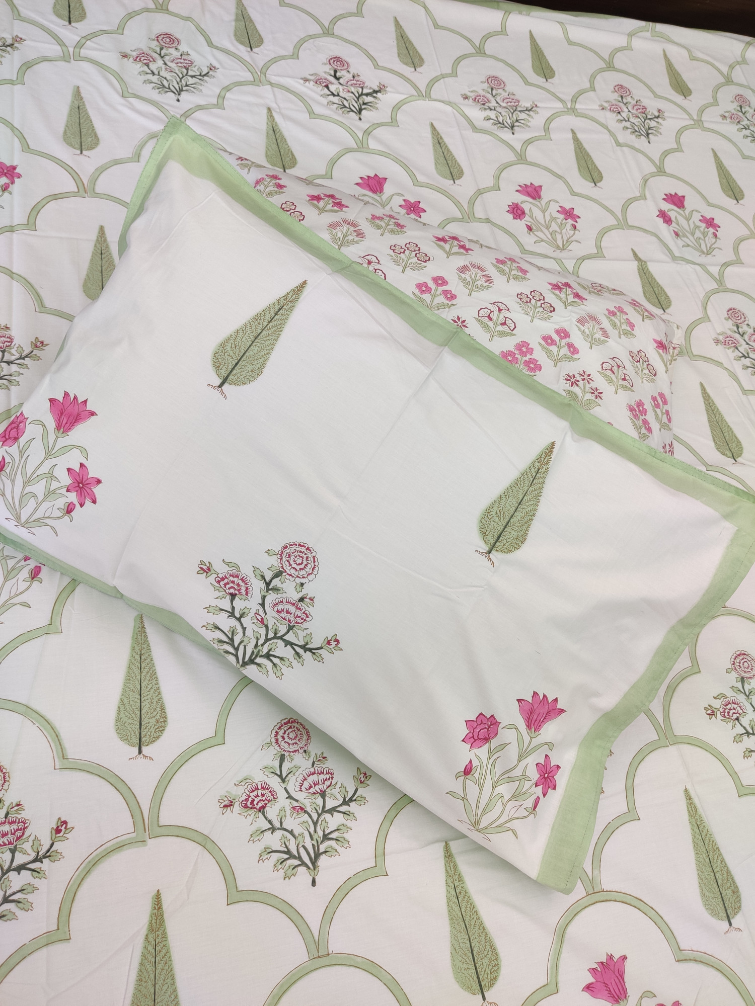 Jaipuri Block Print Bedsheet - Green Jaal Fern Hand Block Print Cotton King Size