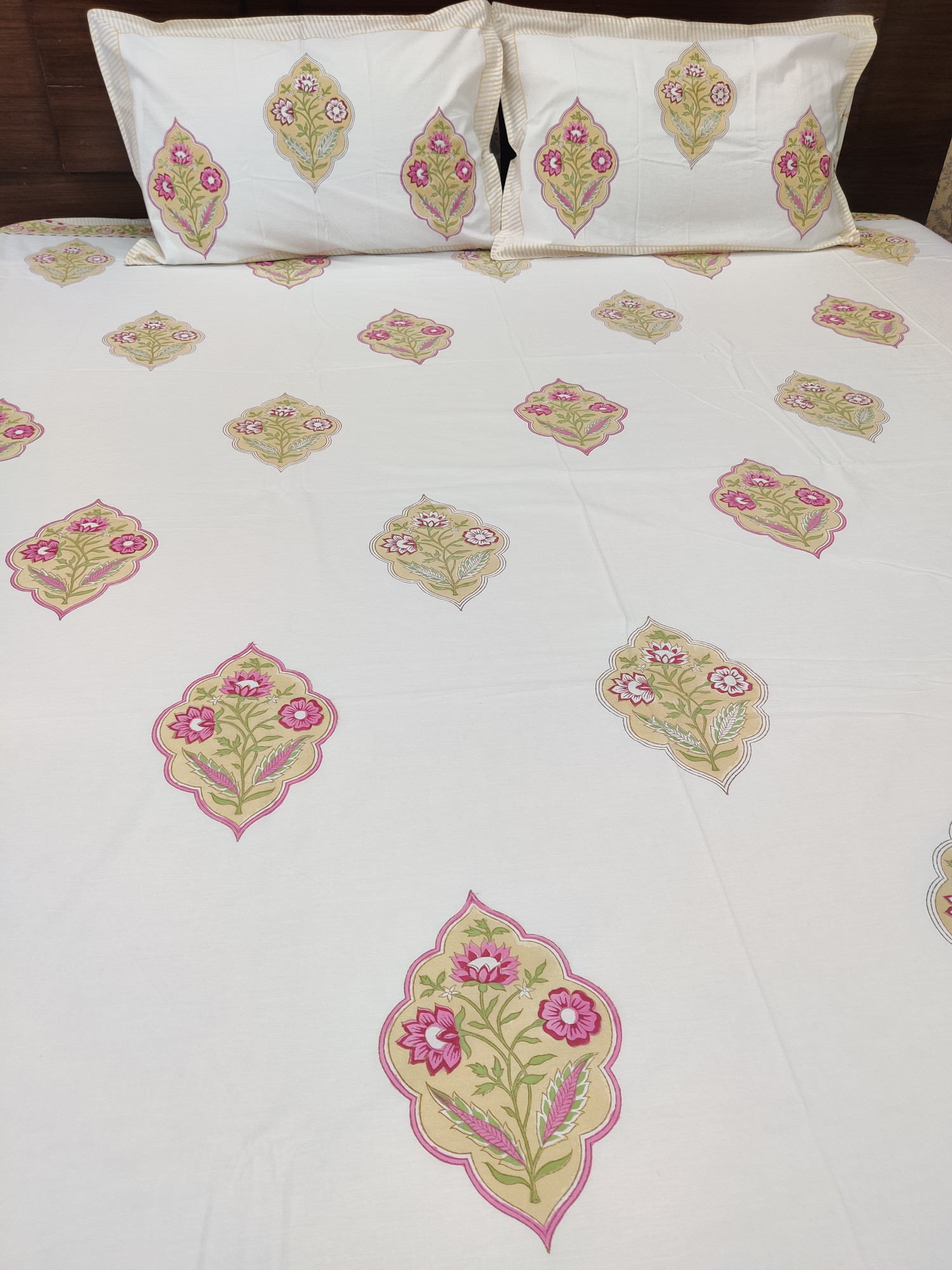 Jaipuri Block Print Bedsheet - Yellow Pink Motifs Hand Block Print Cotton King Size