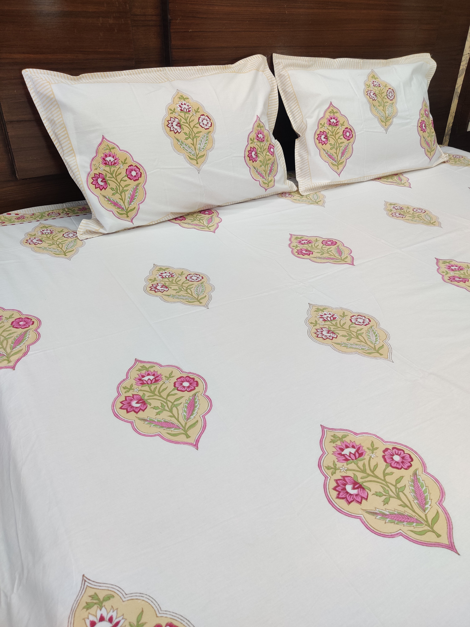 Jaipuri Block Print Bedsheet - Yellow Pink Motifs Hand Block Print Cotton King Size