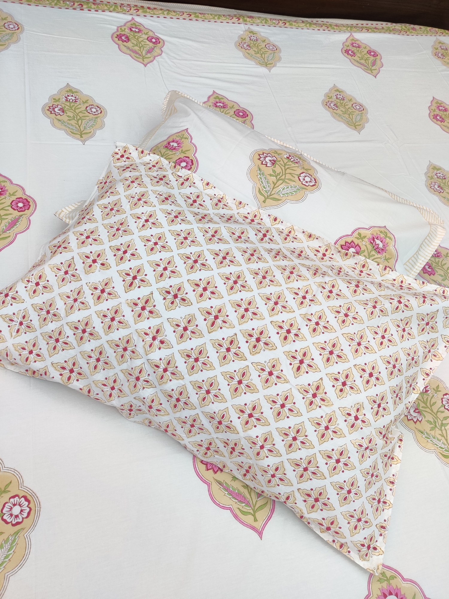 Jaipuri Block Print Bedsheet - Yellow Pink Motifs Hand Block Print Cotton King Size
