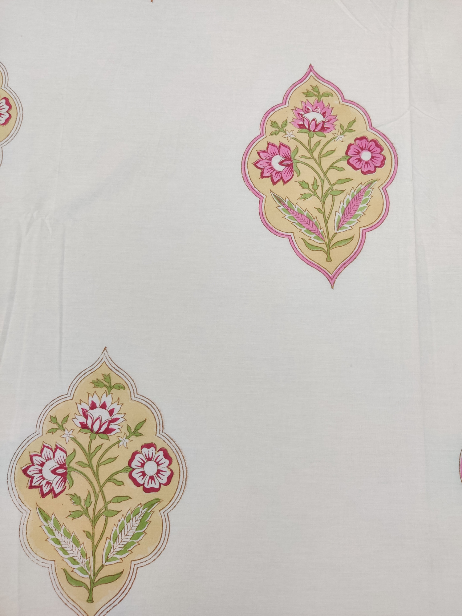Jaipuri Block Print Bedsheet - Yellow Pink Motifs Hand Block Print Cotton King Size