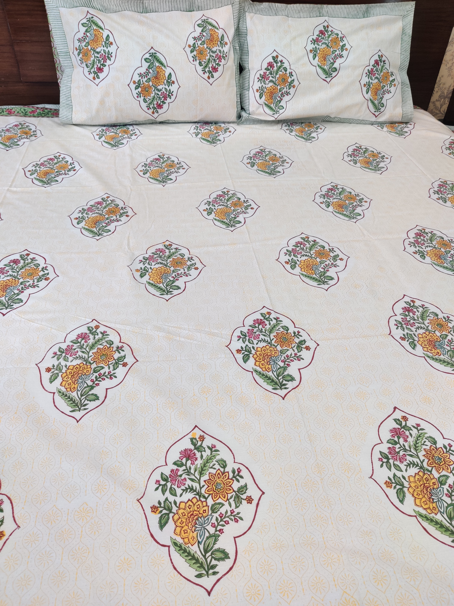 Jaipuri Block Print Bedsheet - Yellow Jaal Hand Block Print Cotton Double