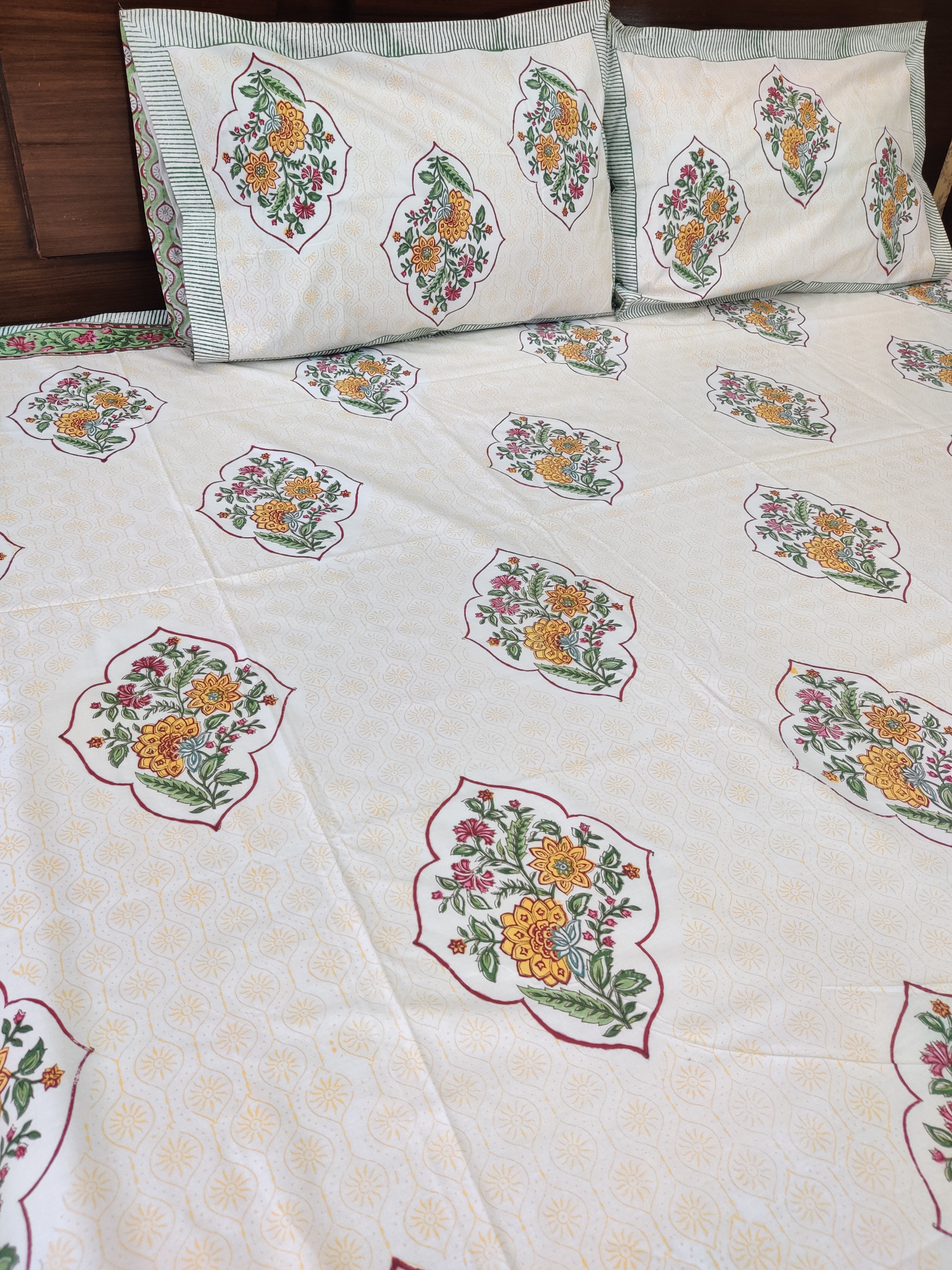 Jaipuri Block Print Bedsheet - Yellow Jaal Hand Block Print Cotton Double