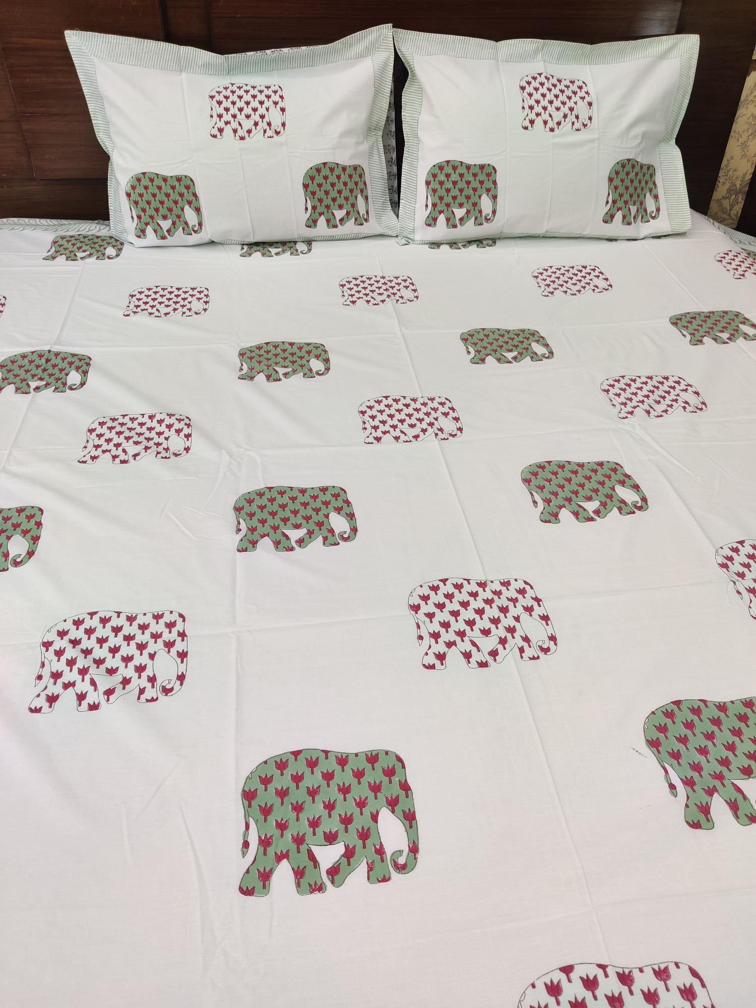 Jaipuri Block Print Bedsheet - Double Coloured Haathi Hand Block Print Cotton Double