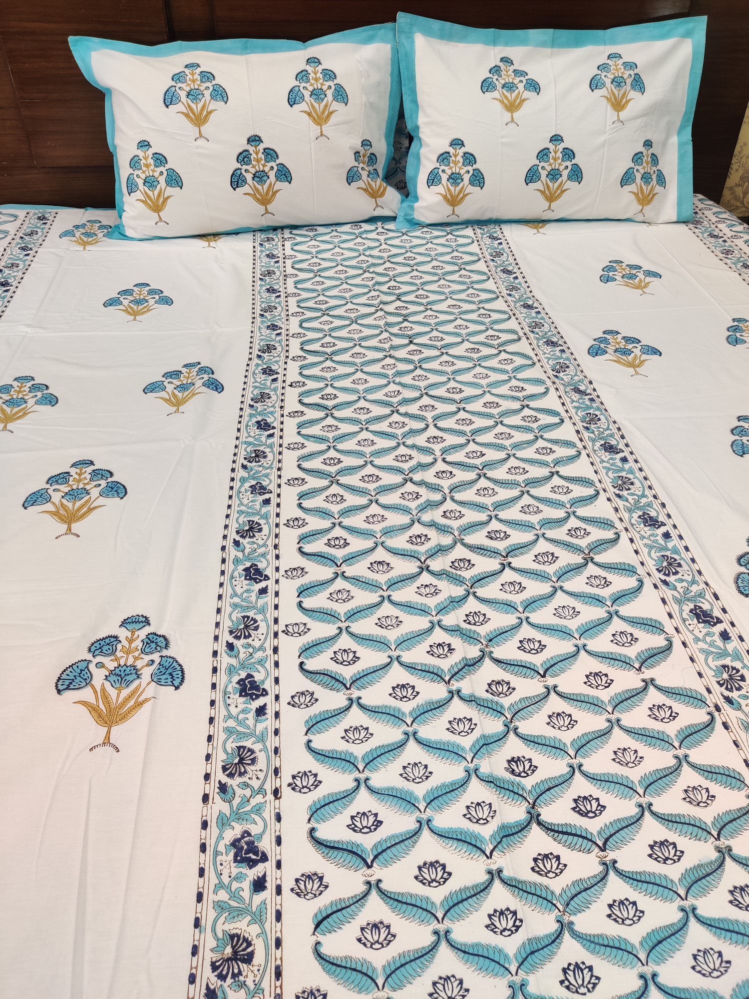 Jaipuri Block Print Bedsheet - Motif N Jaal Pattern Hand Block Print Cotton King Size
