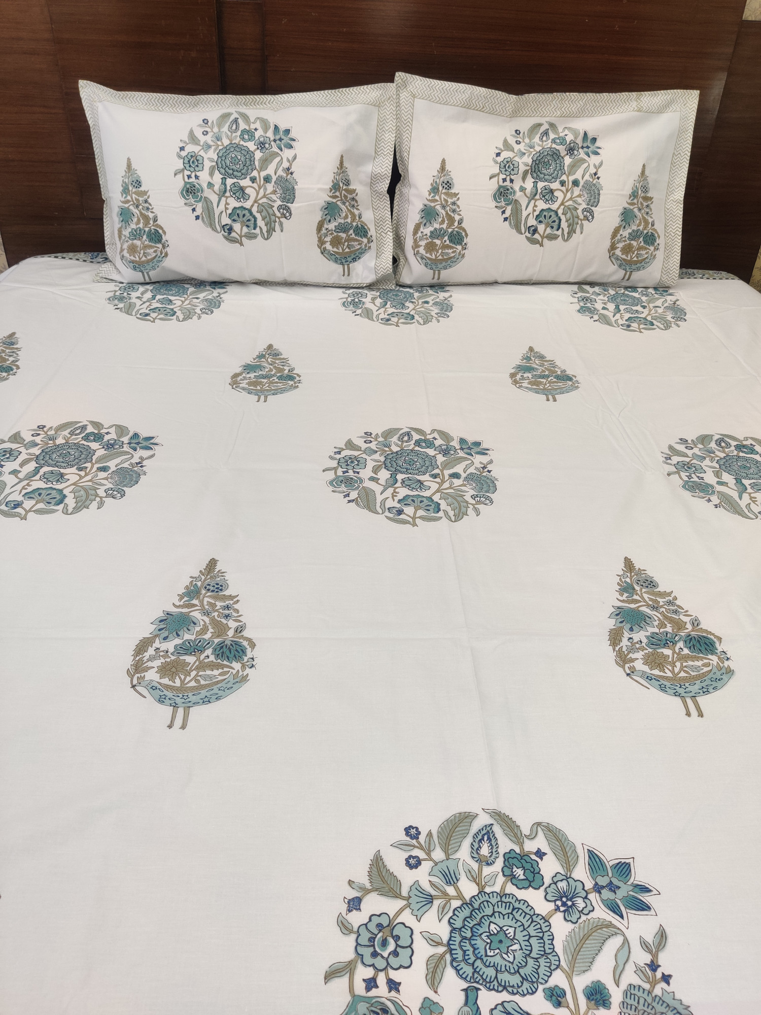 Jaipuri Block Print Bedsheet - Grey Dual Boota Hand Block Print Cotton King Size