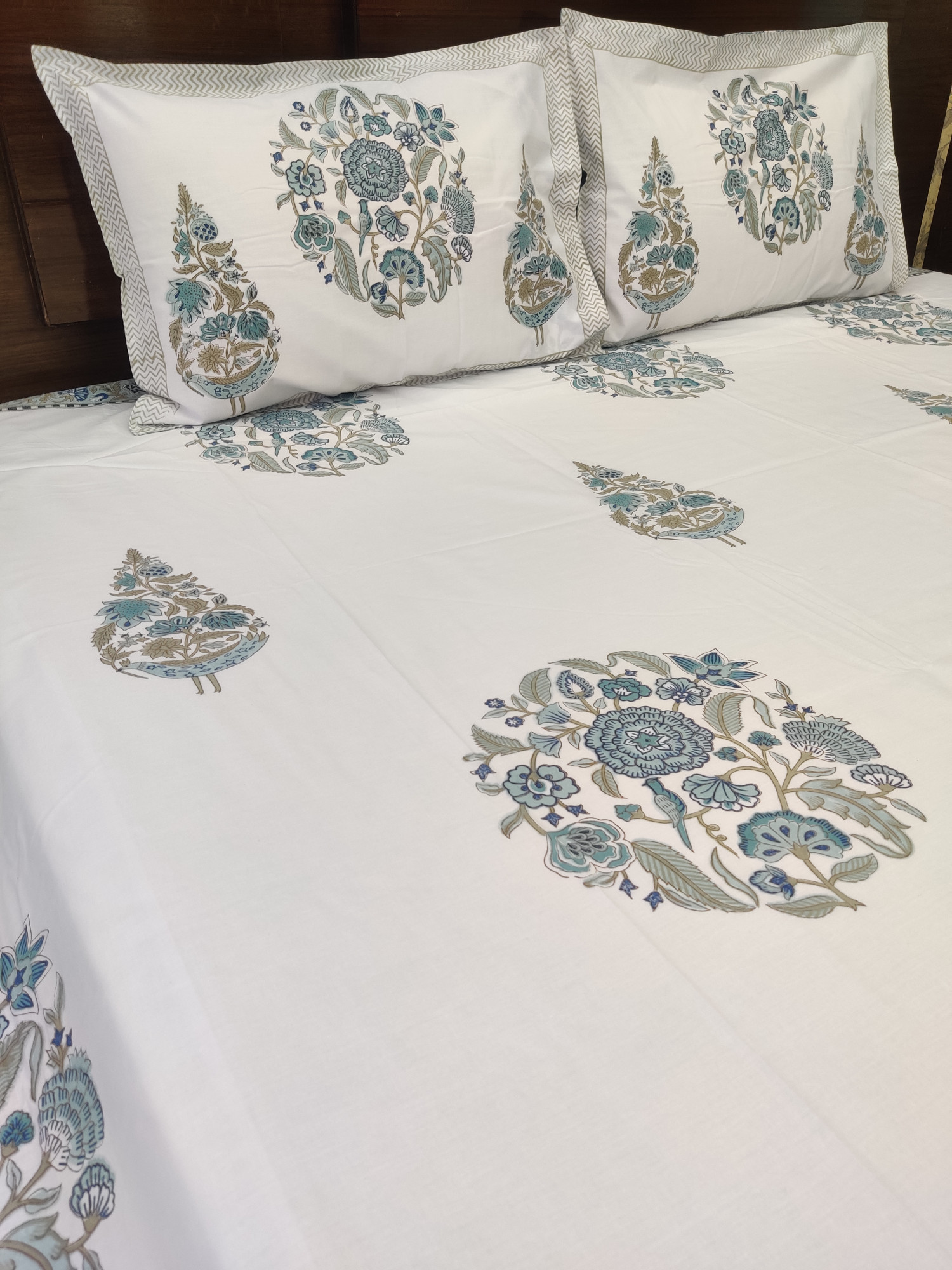 Jaipuri Block Print Bedsheet - Grey Dual Boota Hand Block Print Cotton King Size