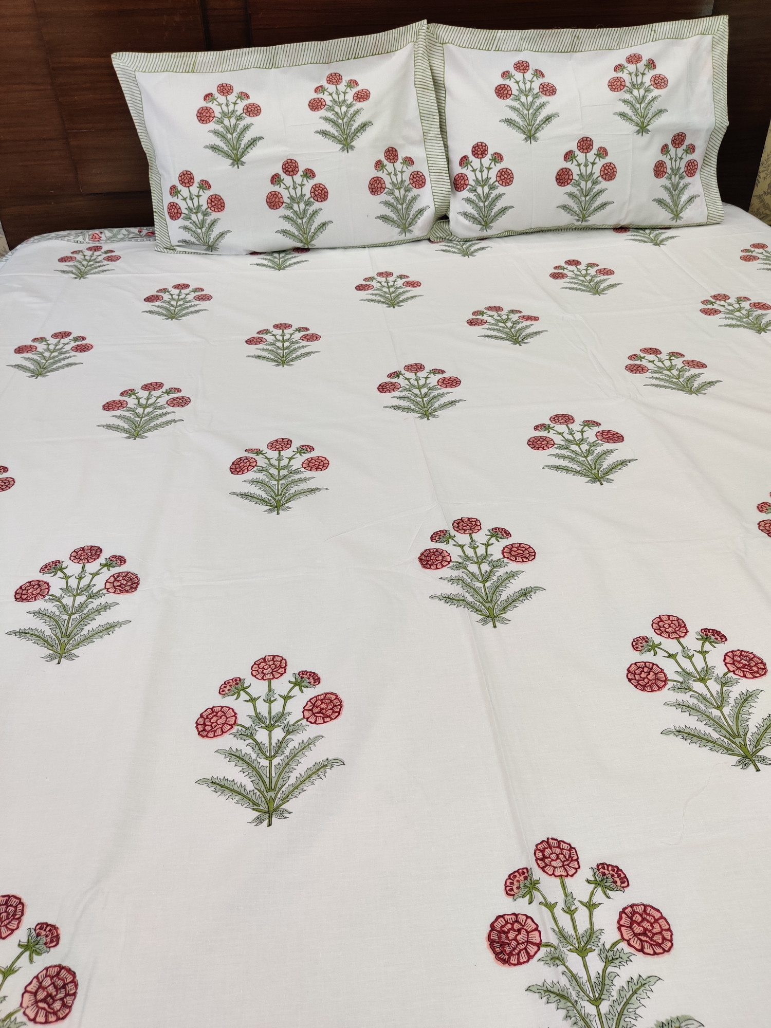 Jaipuri Block Print Bedsheet - Pink Buds Hand Block Print Cotton King Size