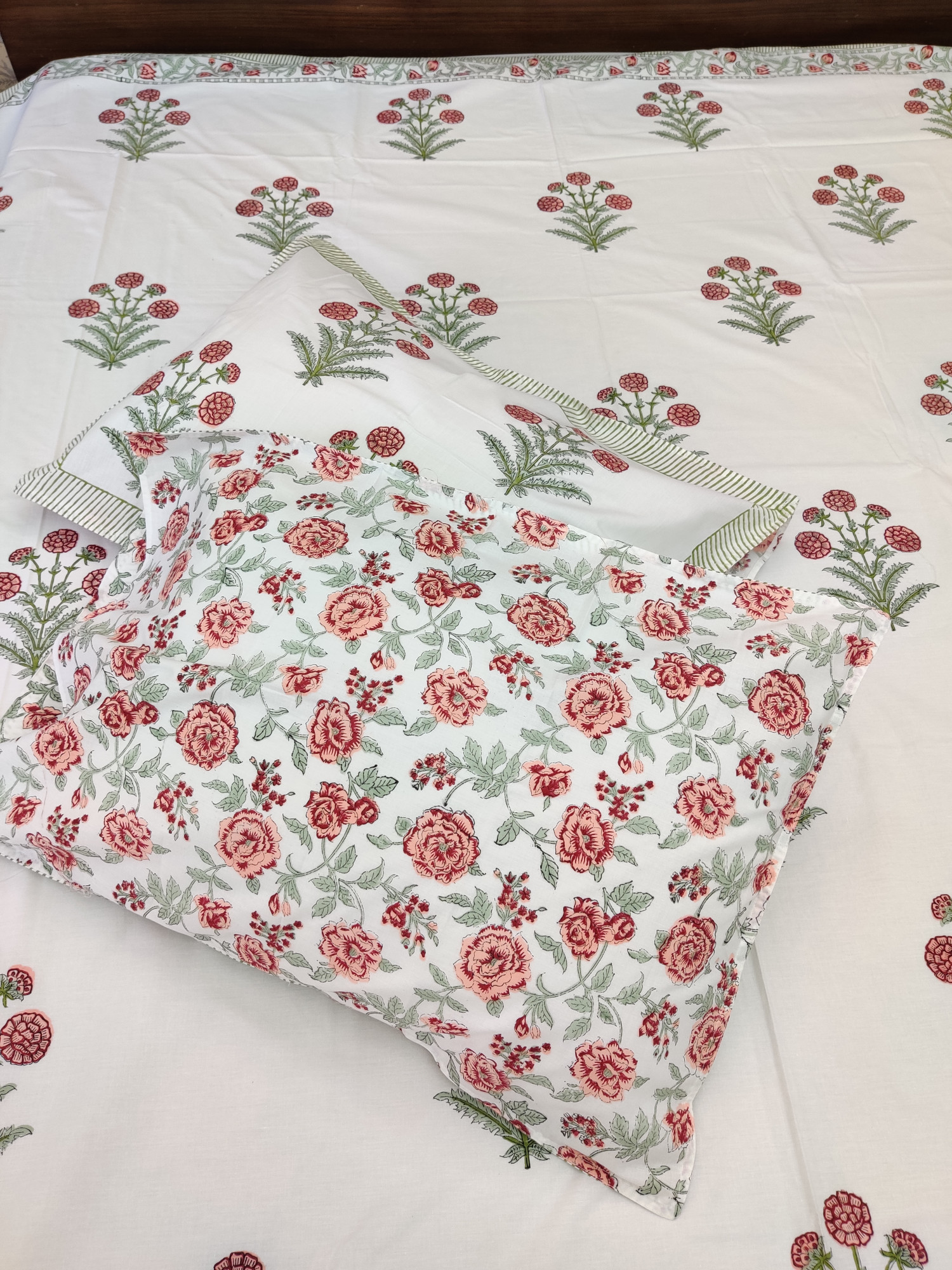 Jaipuri Block Print Bedsheet - Pink Buds Hand Block Print Cotton King Size