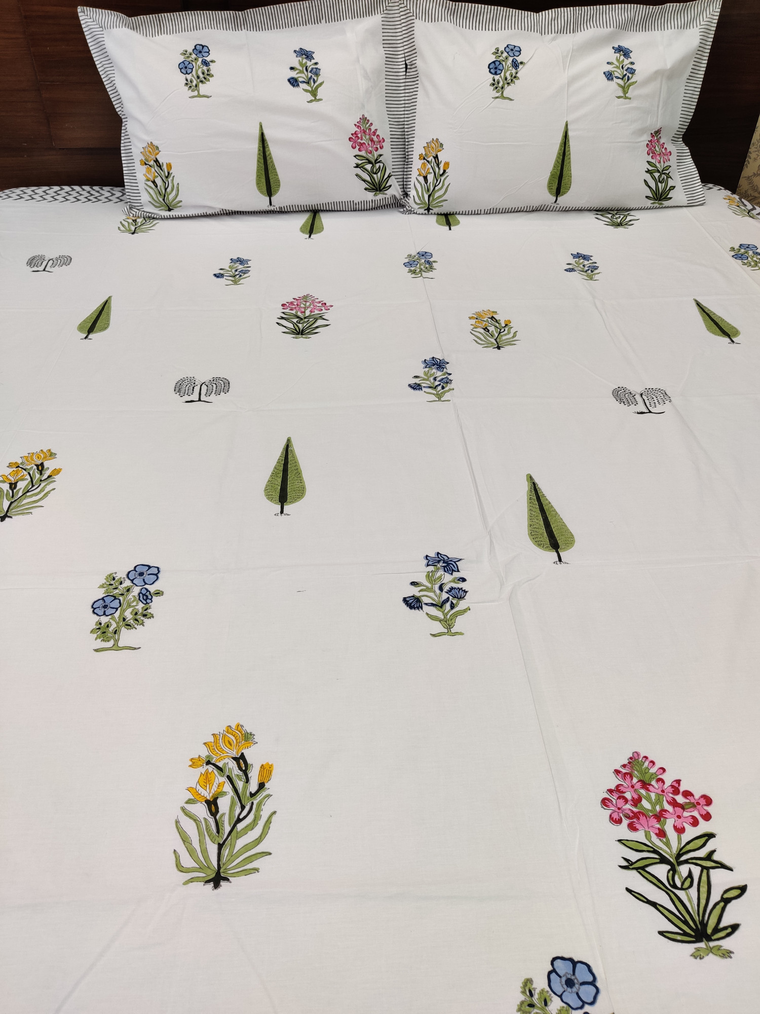 Jaipuri Block Print Bedsheet - Multi Flower Hand Block Print Cotton King Size