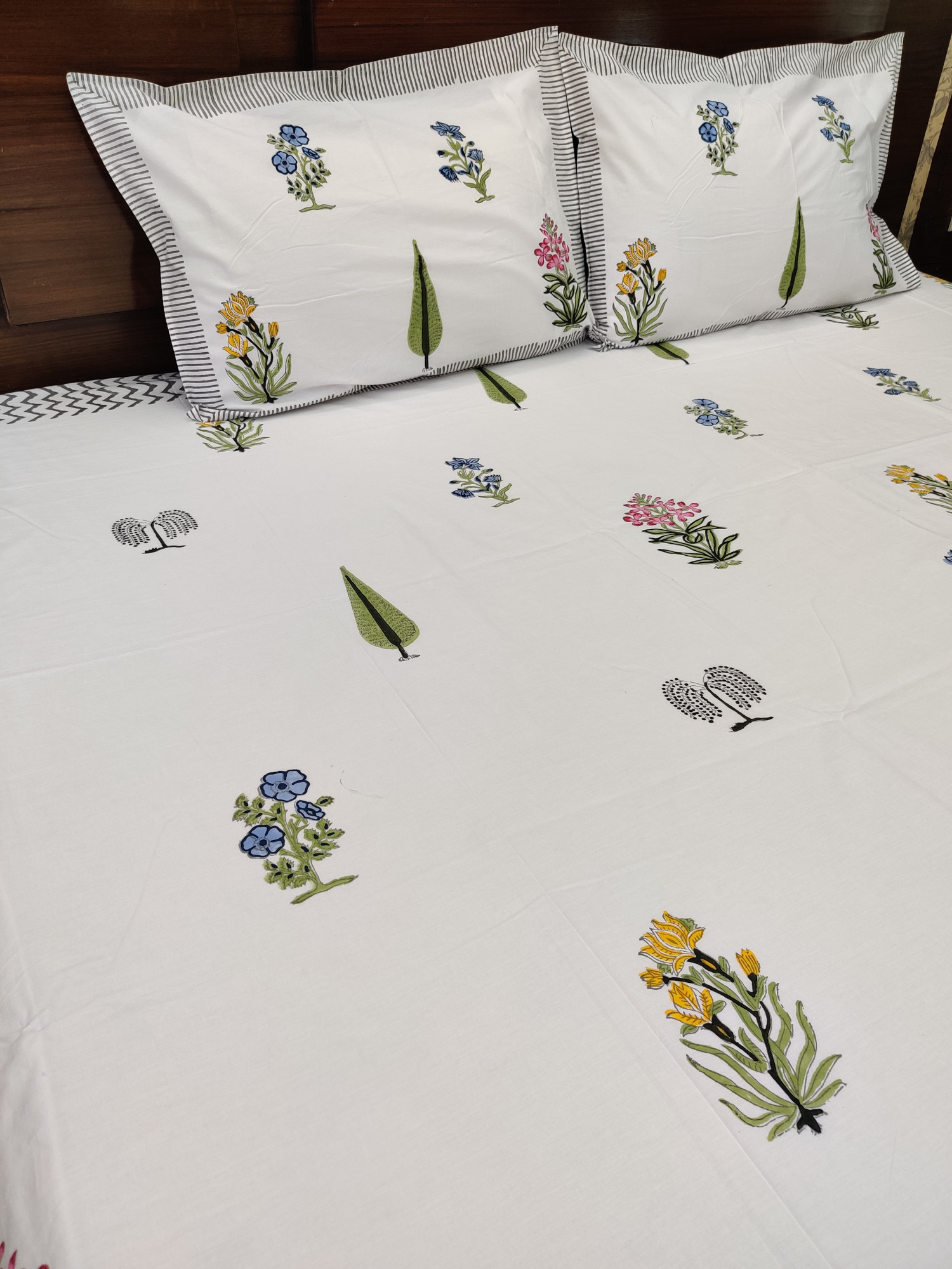 Jaipuri Block Print Bedsheet - Multi Flower Hand Block Print Cotton King Size