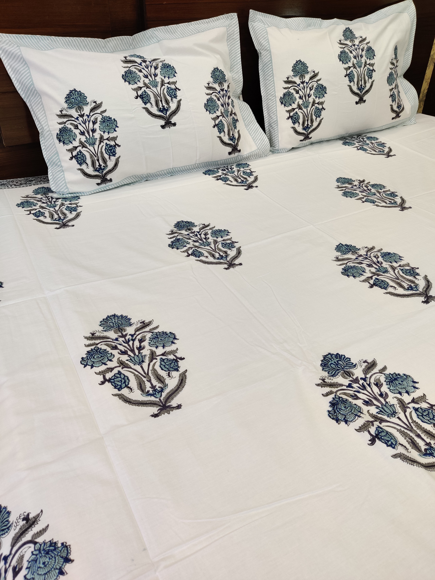 Jaipuri Block Print Bedsheet - Dark Blue Bloomer Hand Block Print Cotton King Size