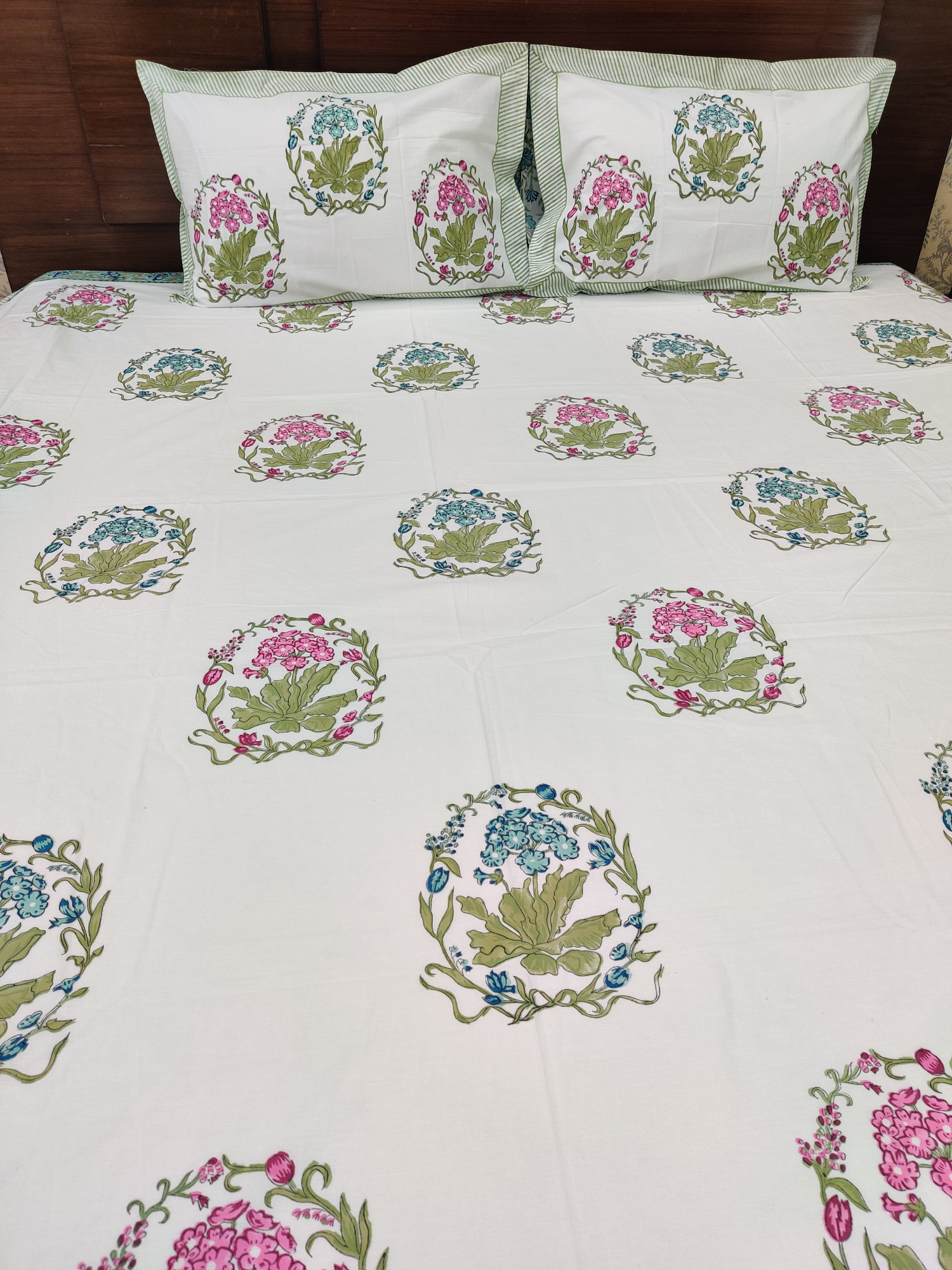 Jaipuri Block Print Bedsheet - Aqua Multiblock Hand Block Print Cotton King Size