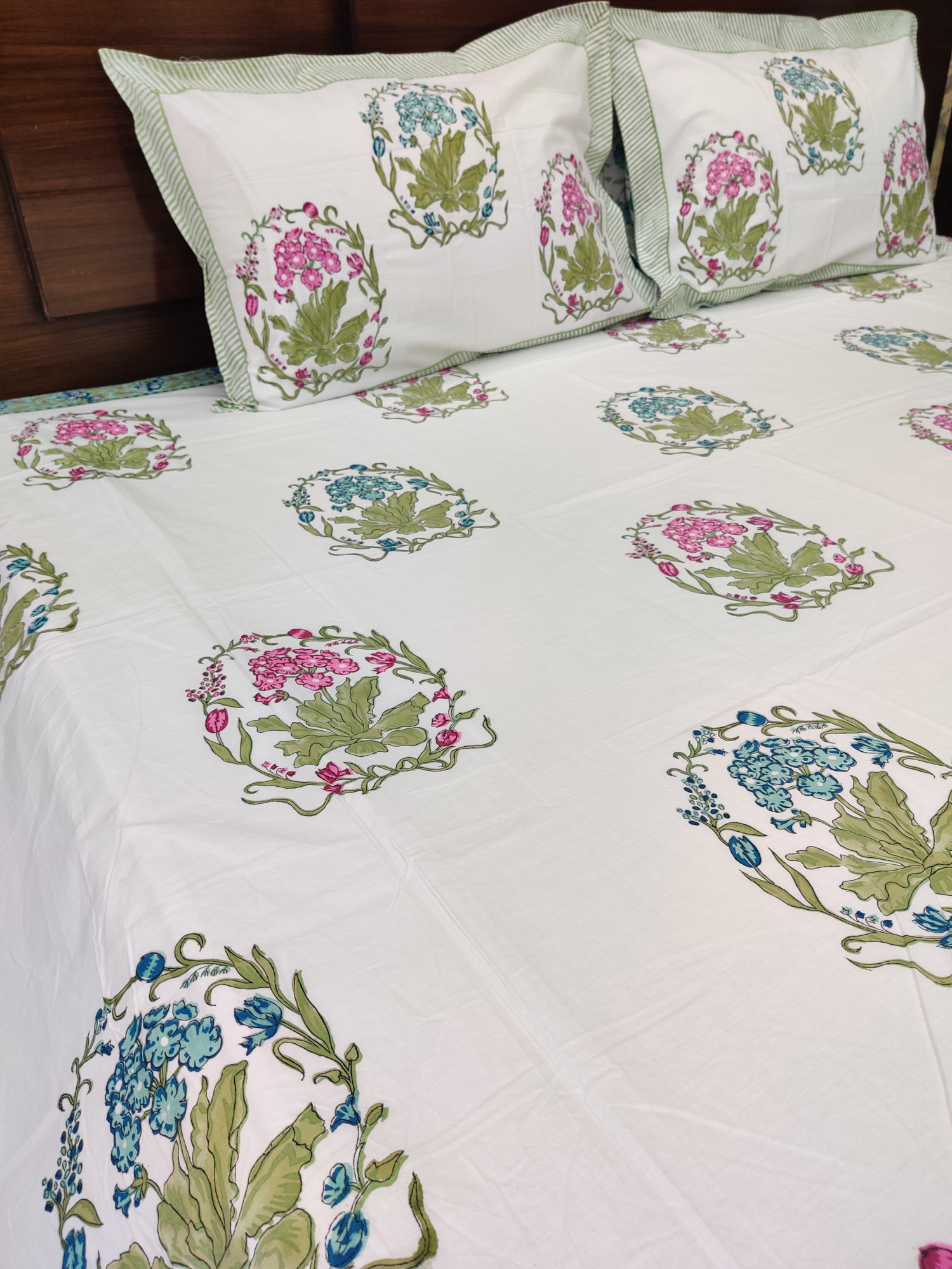 Jaipuri Block Print Bedsheet - Aqua Multiblock Hand Block Print Cotton King Size