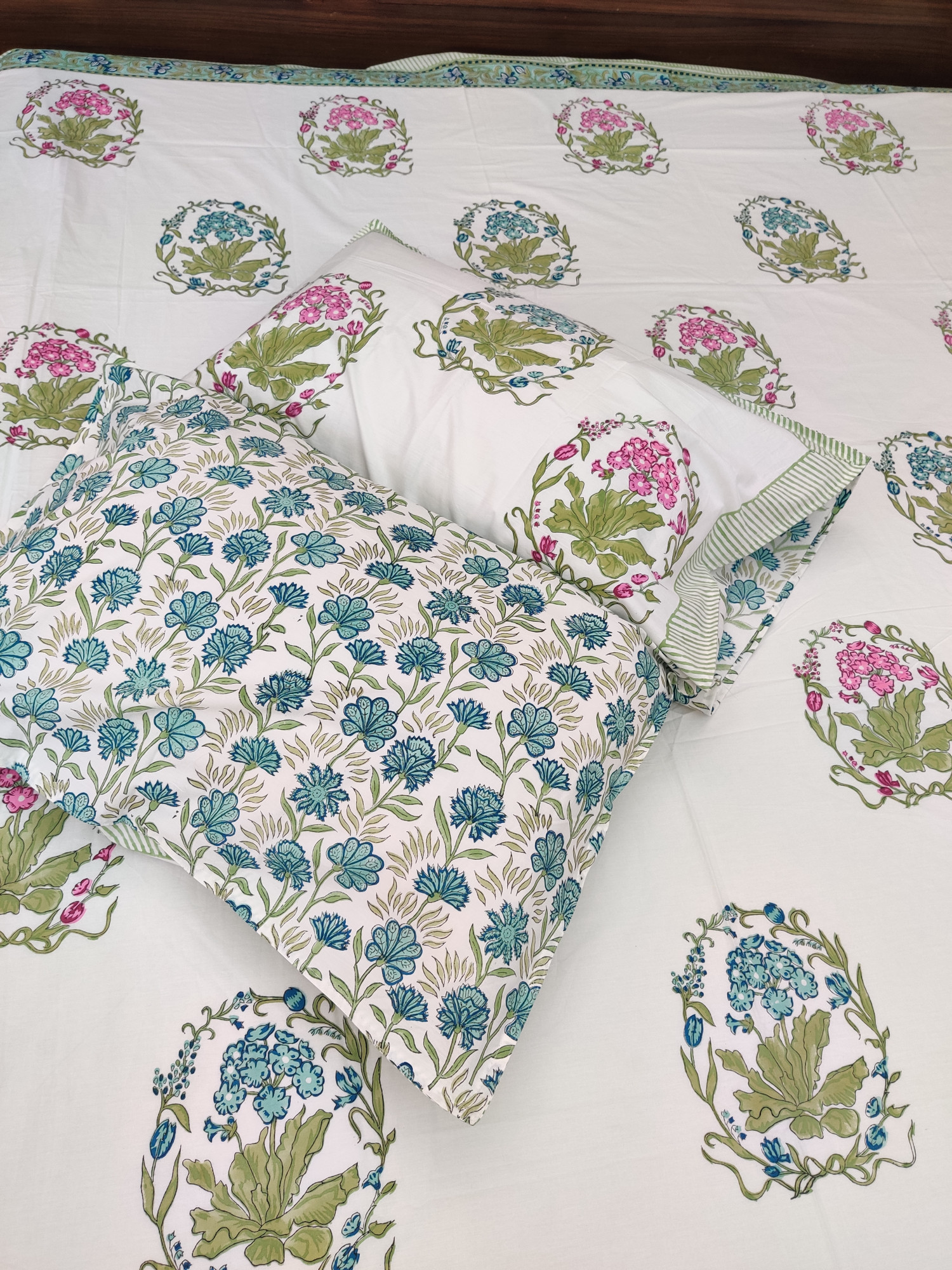 Jaipuri Block Print Bedsheet - Aqua Multiblock Hand Block Print Cotton King Size