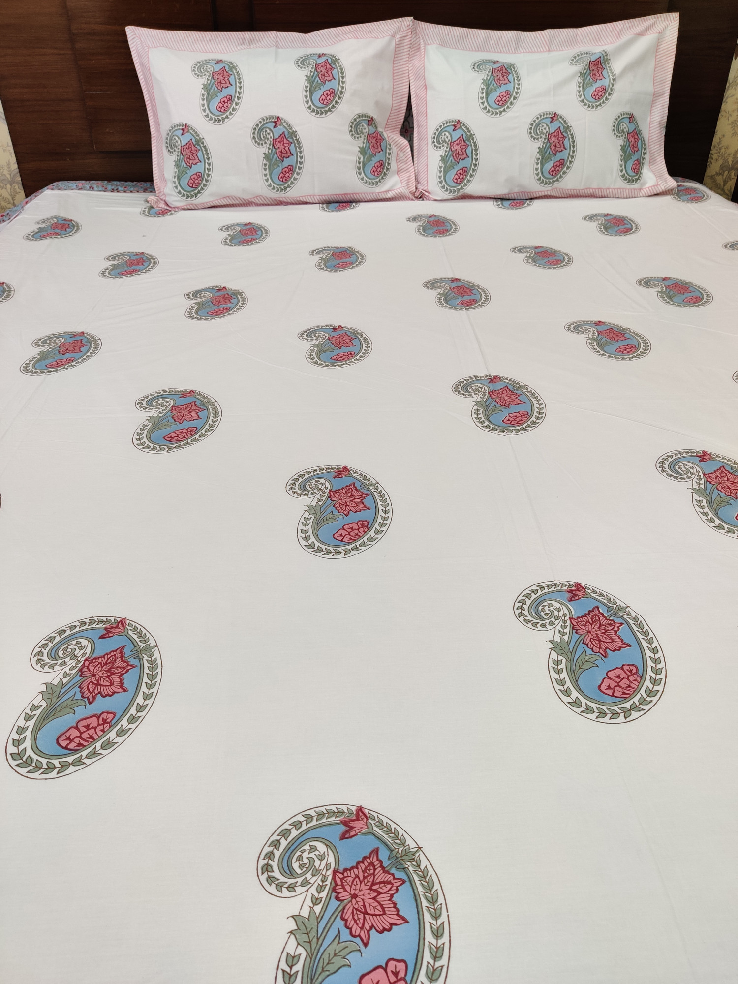 Jaipuri Block Print Bedsheet - Peach Kerry Hand Block Print Cotton Double