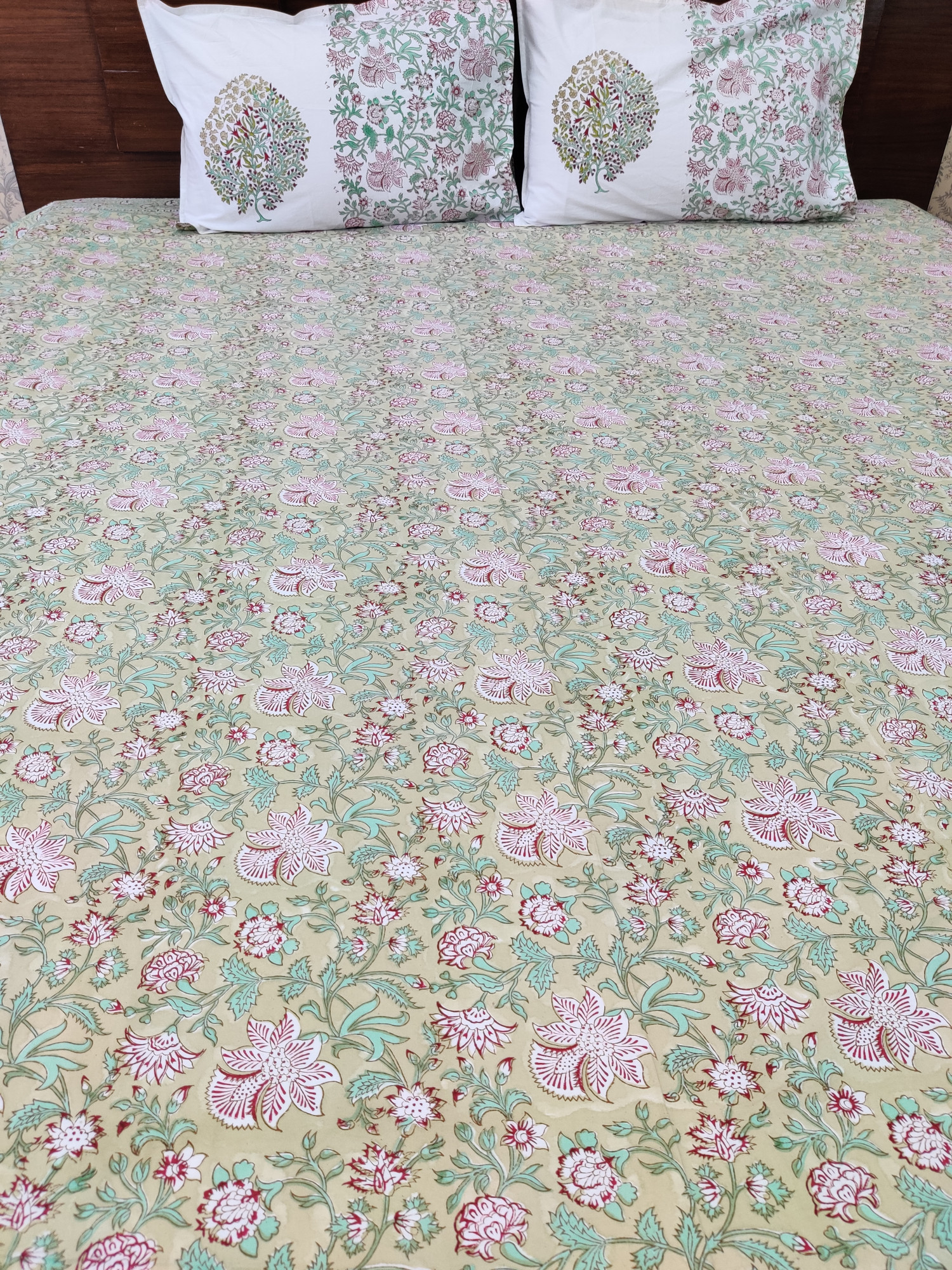 Jaipuri Block Print Bedsheet - Cotton Single Boota Green Hand Block Print Cotton Double