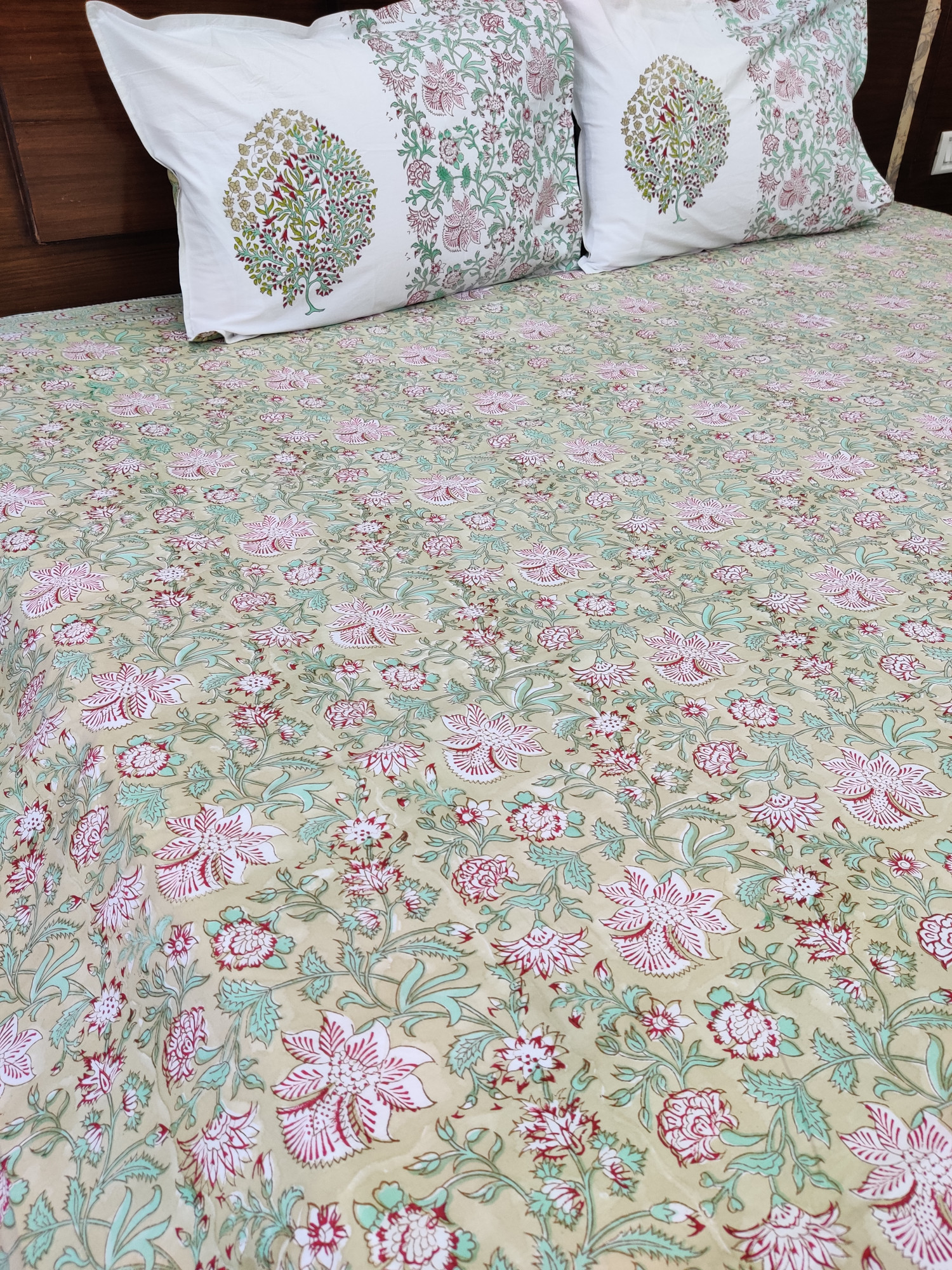 Jaipuri Block Print Bedsheet - Cotton Single Boota Green Hand Block Print Cotton Double