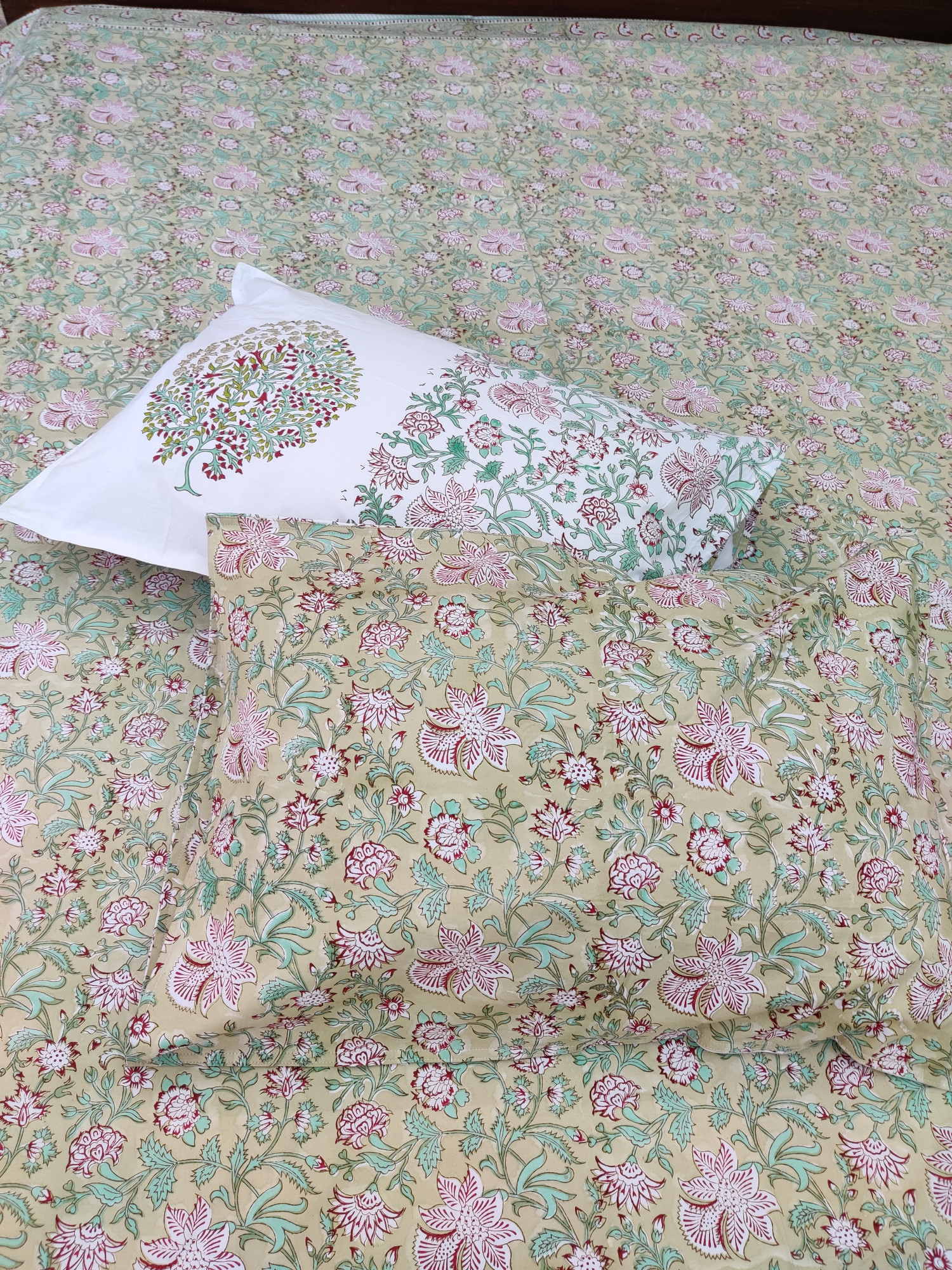 Jaipuri Block Print Bedsheet - Cotton Single Boota Green Hand Block Print Cotton Double