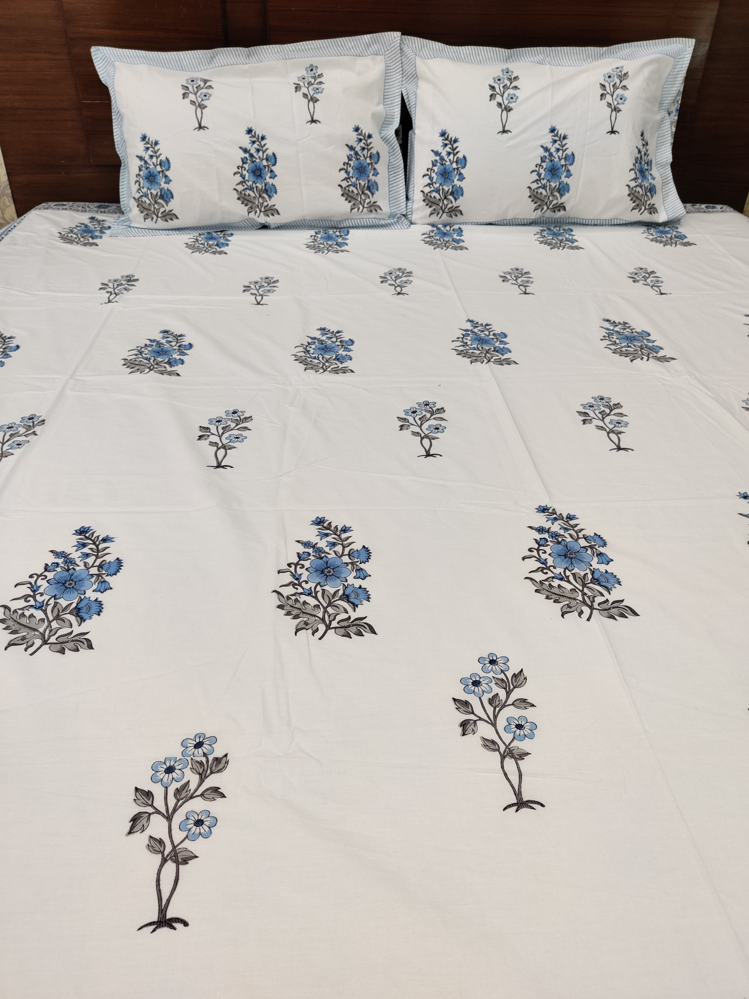 Jaipuri Block Print Bedsheet - Blue Floral Hand Block Print Cotton King Size
