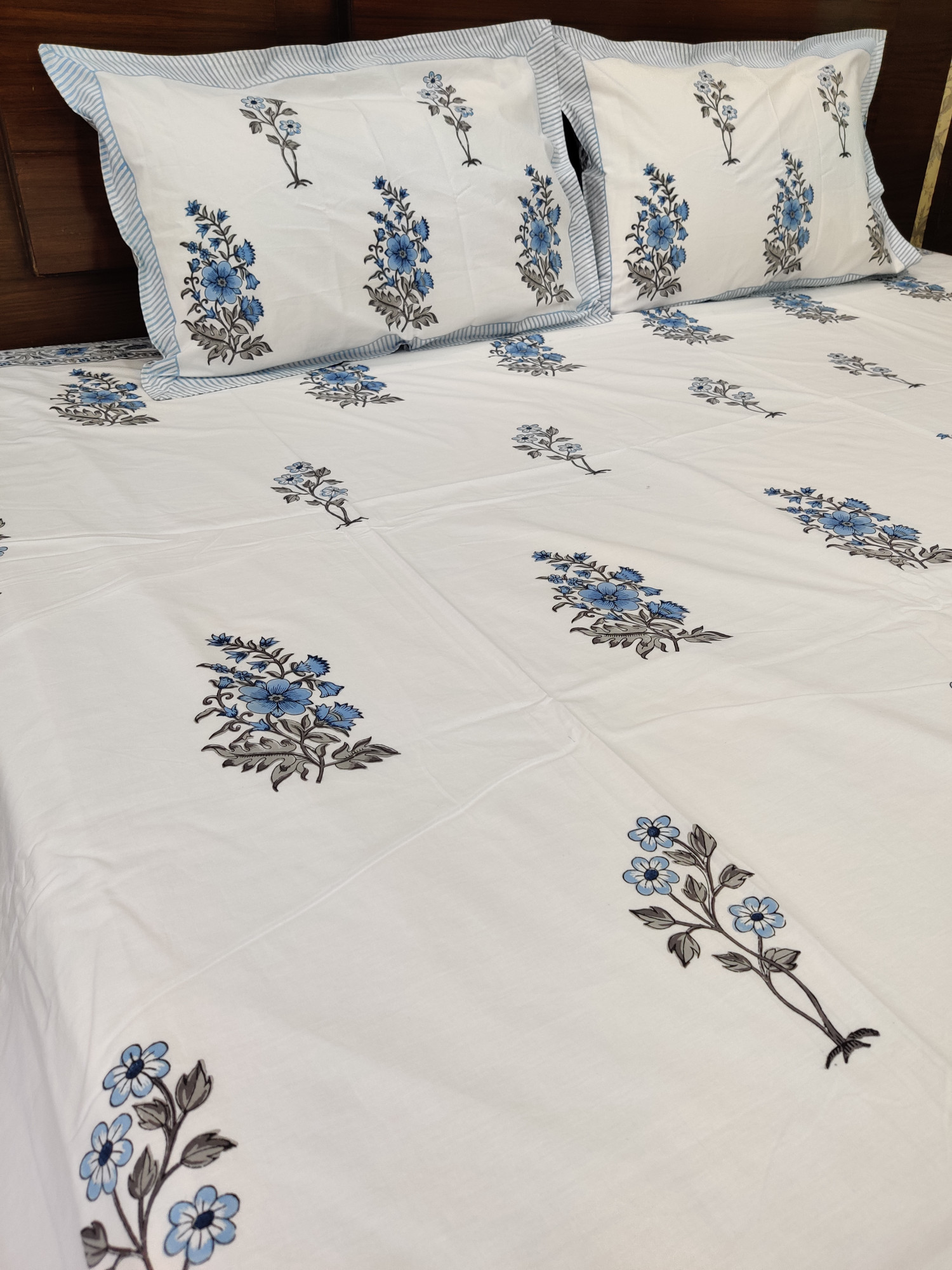Jaipuri Block Print Bedsheet - Blue Floral Hand Block Print Cotton King Size