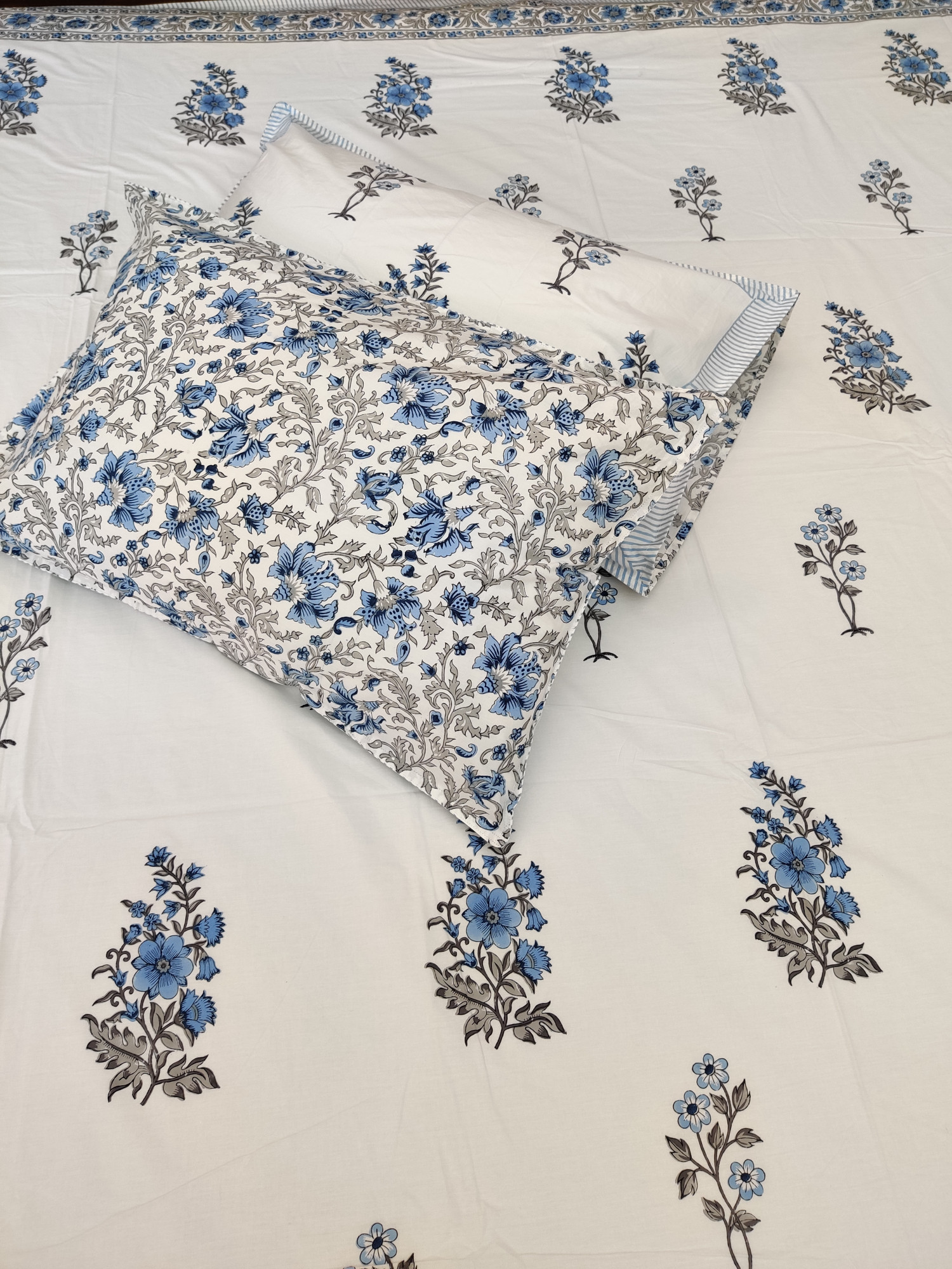 Jaipuri Block Print Bedsheet - Blue Floral Hand Block Print Cotton King Size