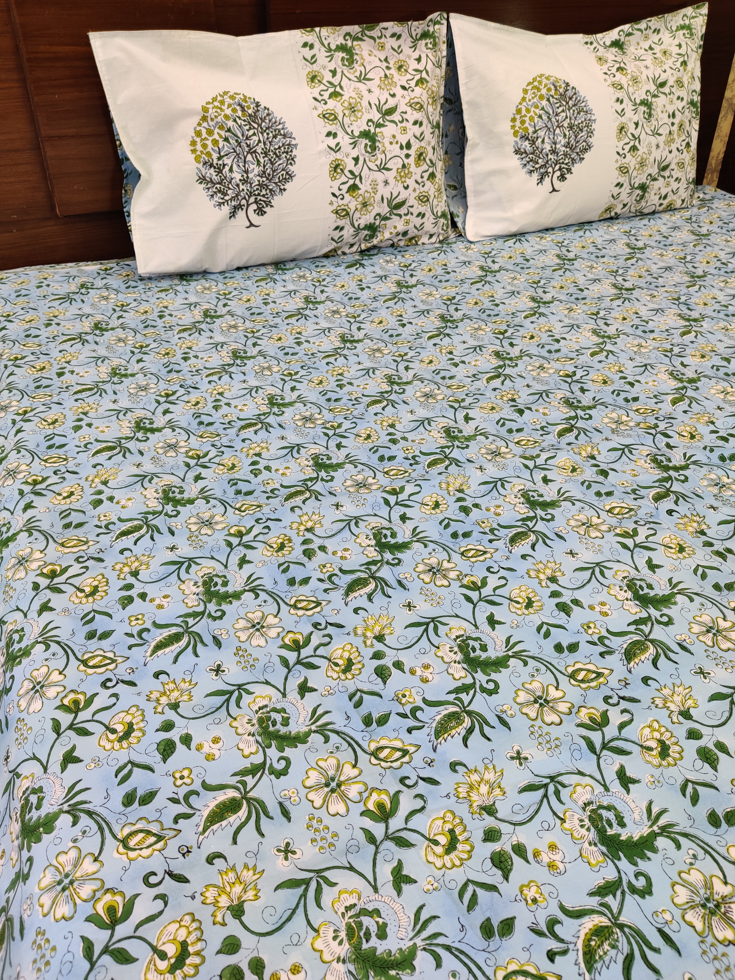 Jaipuri Block Print Bedsheet - Single Boota Blue Hand Block Print Cotton King Size