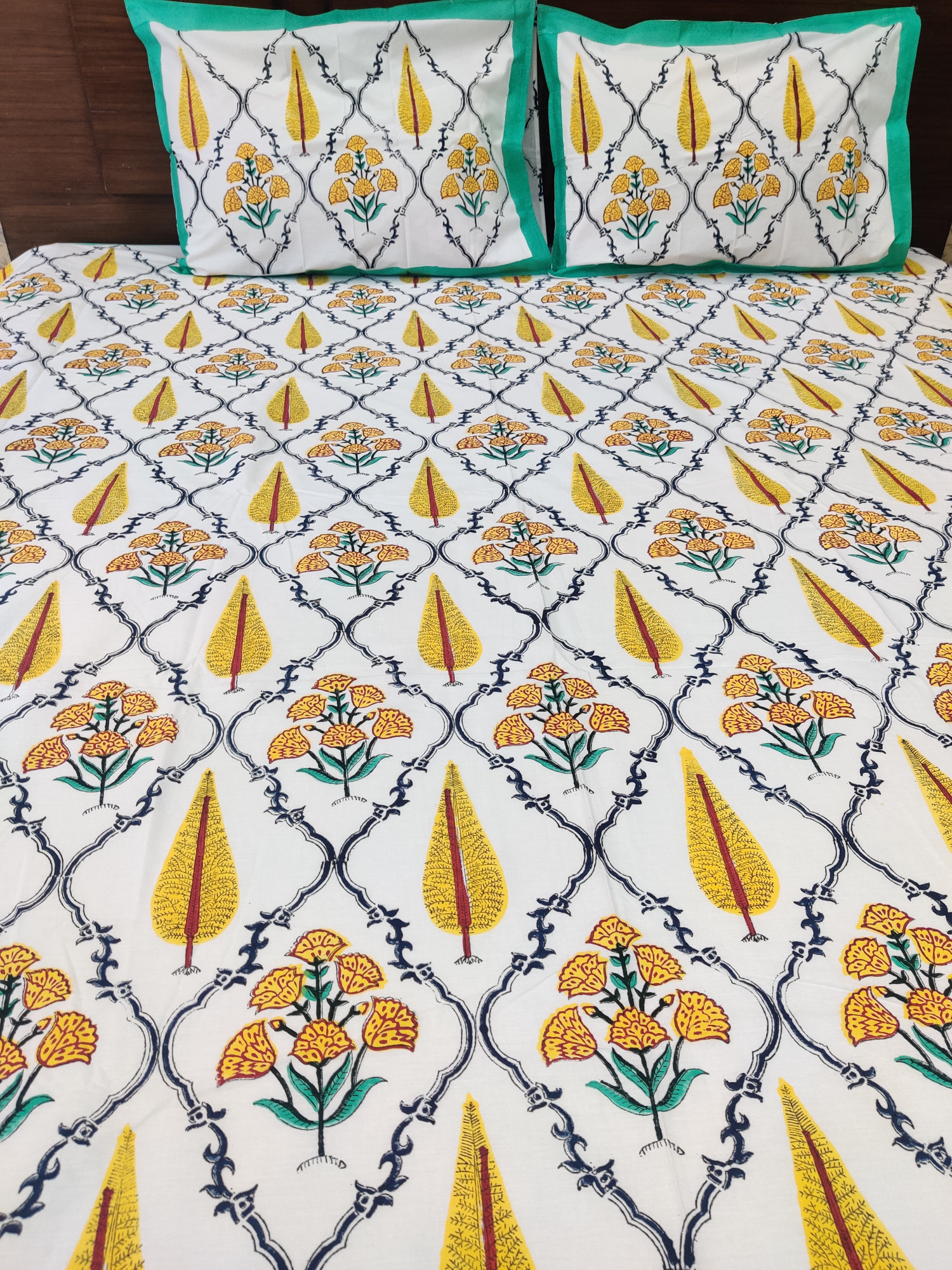 Jaipuri Block Print Bedsheet - Yellow Fern Jaal Hand Block Print Cotton King Size