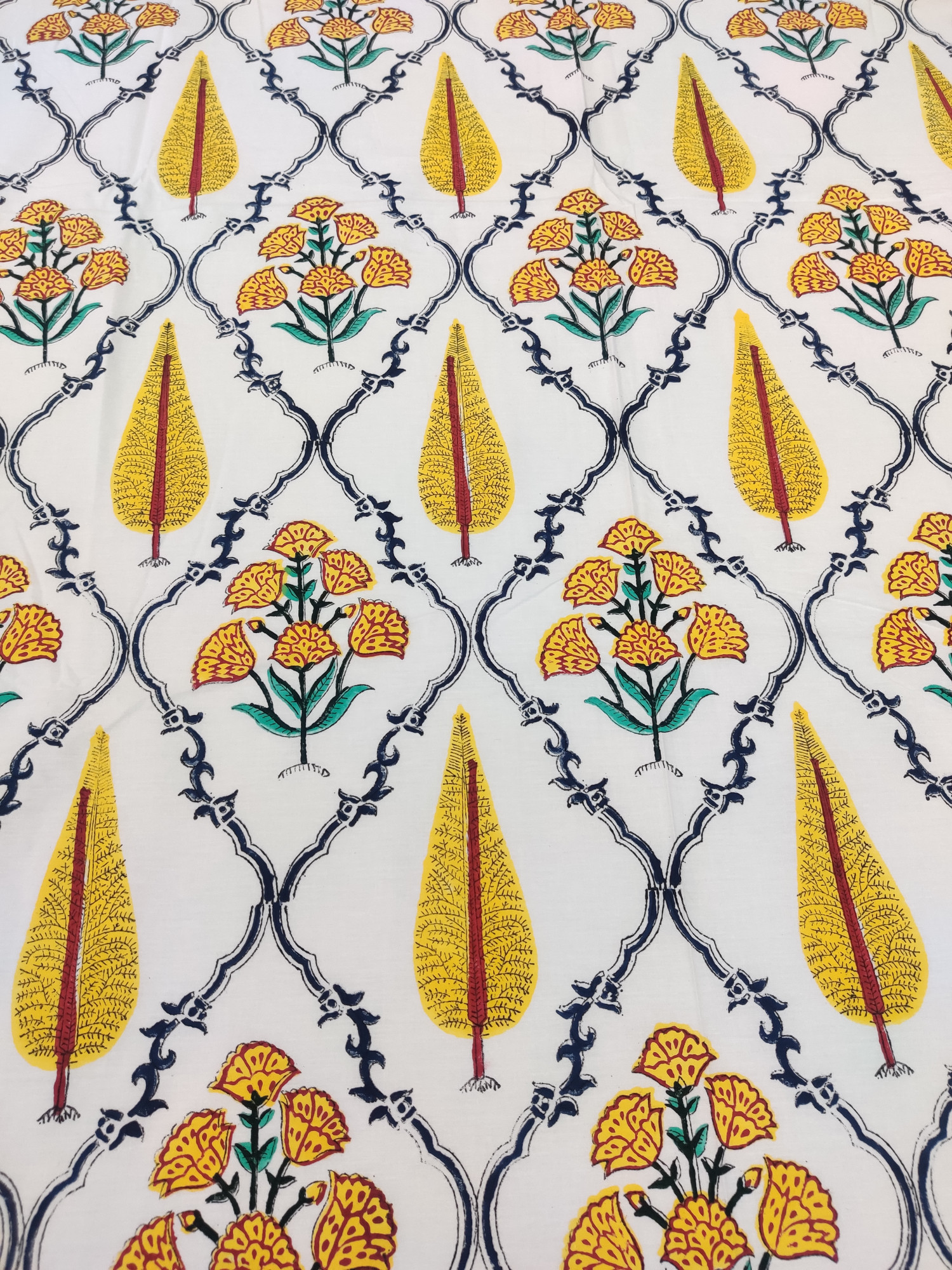 Jaipuri Block Print Bedsheet - Yellow Fern Jaal Hand Block Print Cotton King Size